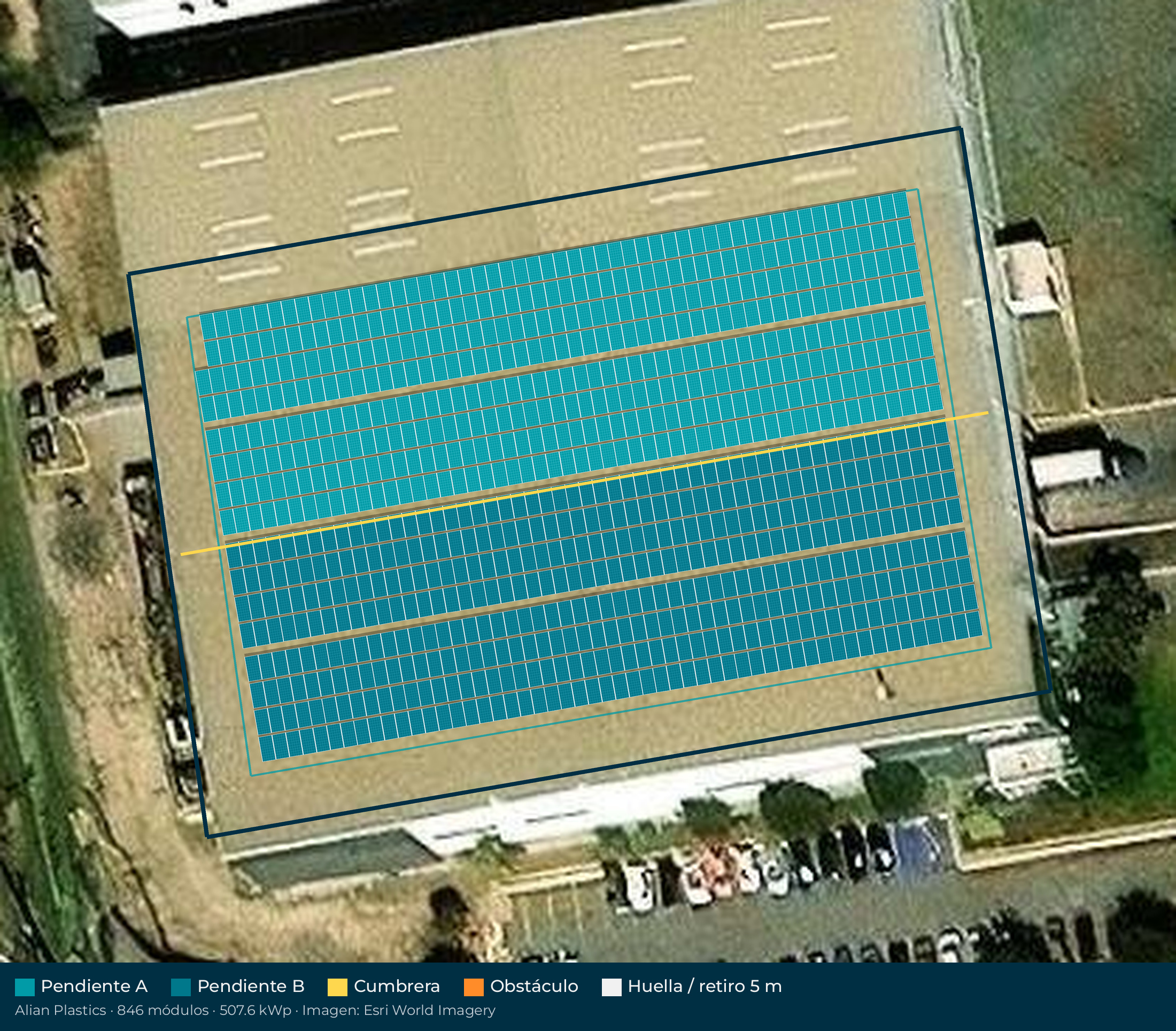 Acomodo preliminar de paneles solares en el techo de Alian Plastics