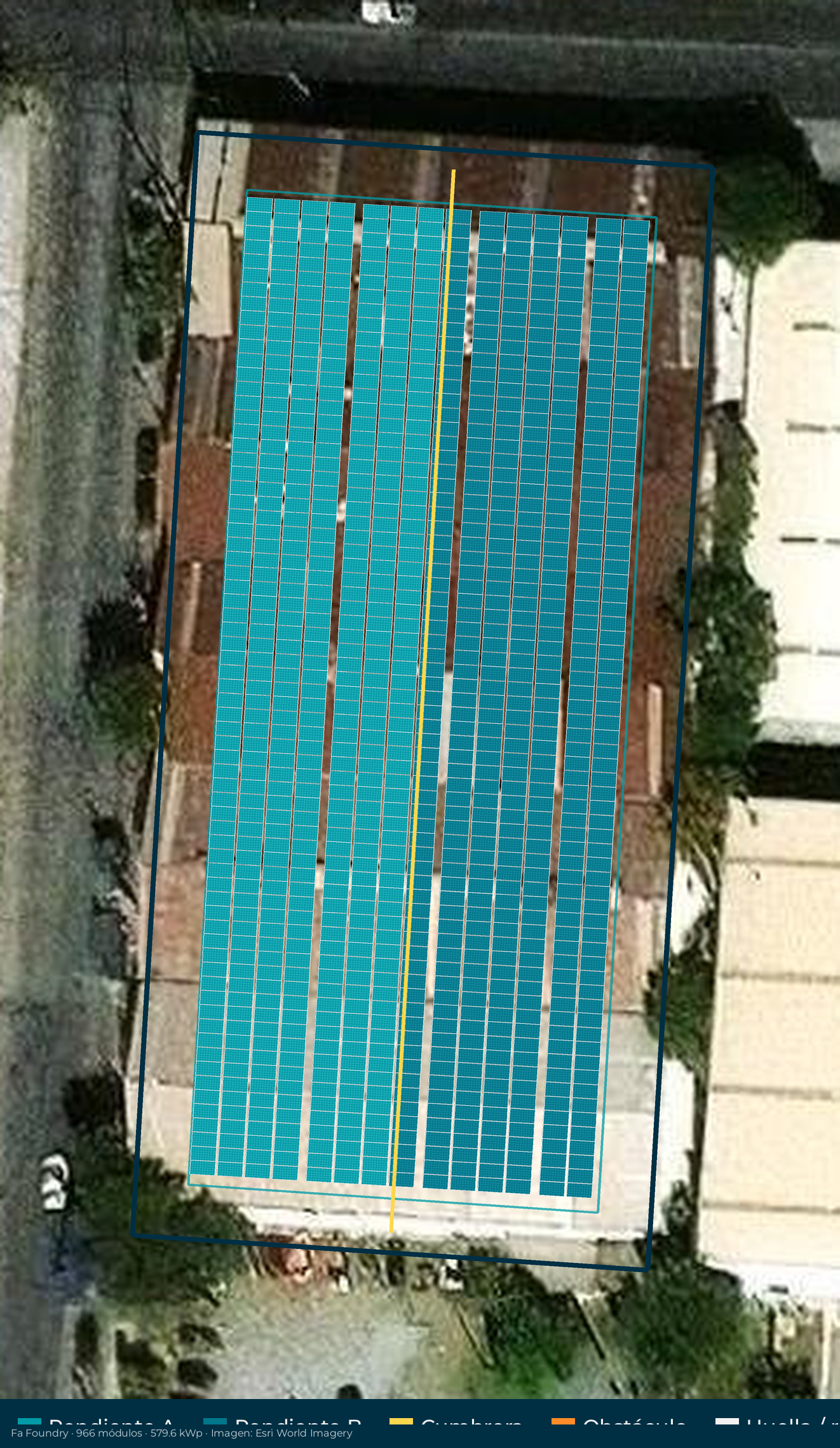 Acomodo preliminar de paneles solares en el techo de Fa Foundry