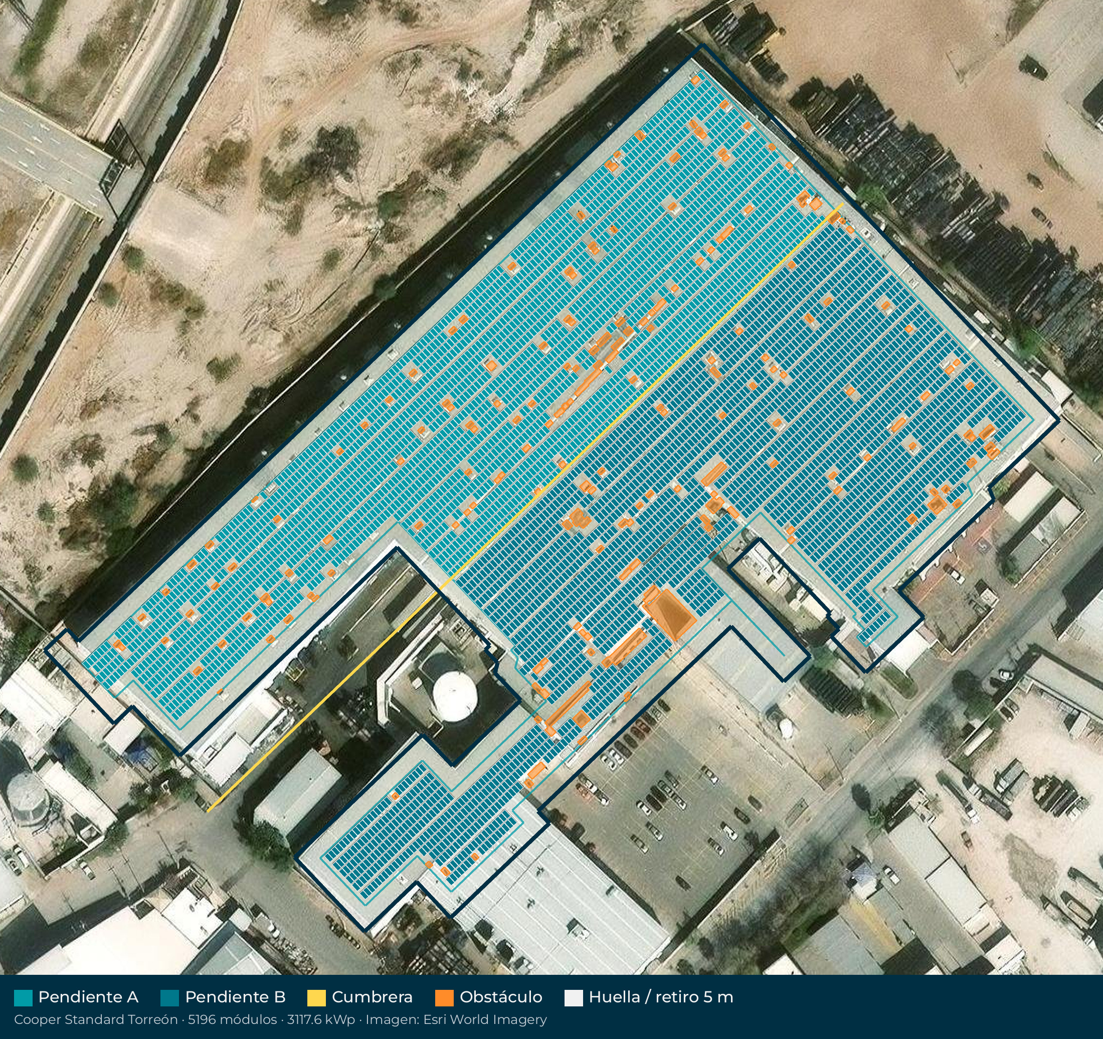 Acomodo preliminar de paneles solares en el techo de Cooper Standard