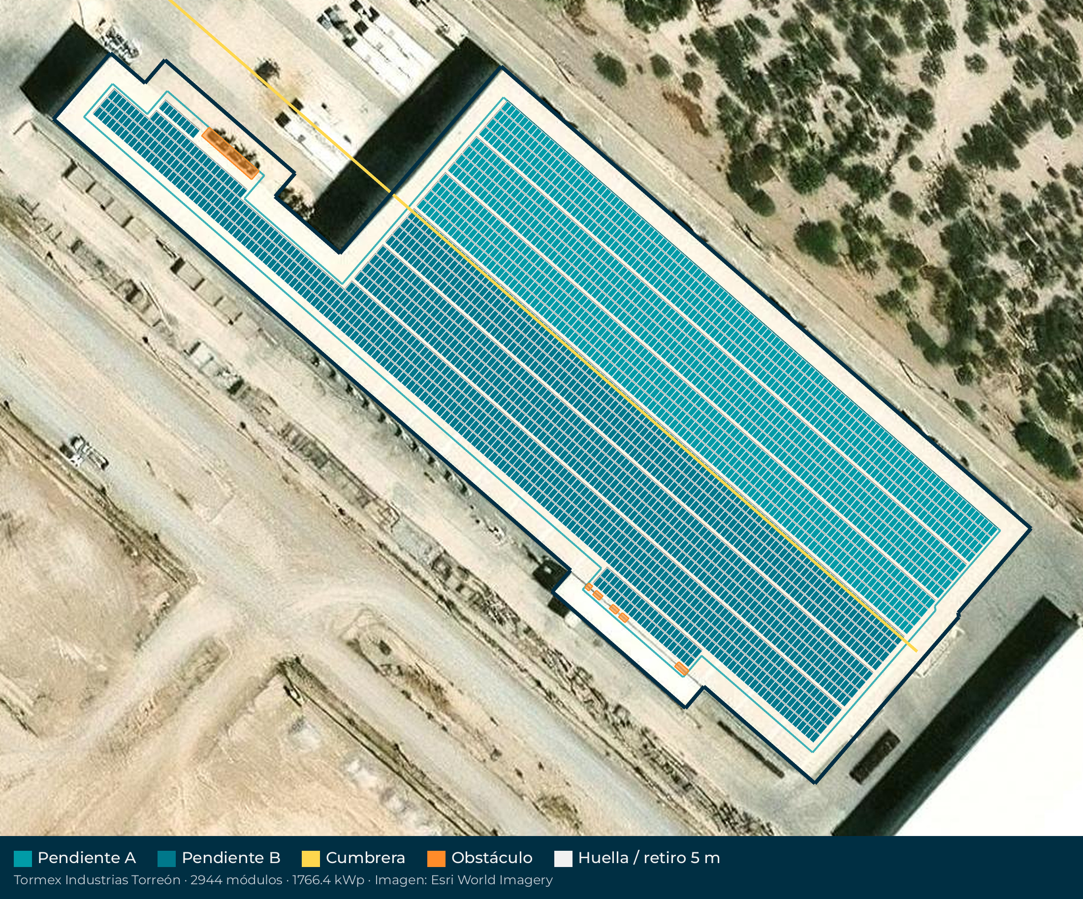 Acomodo preliminar de paneles solares en el techo de Tormex Industrias
