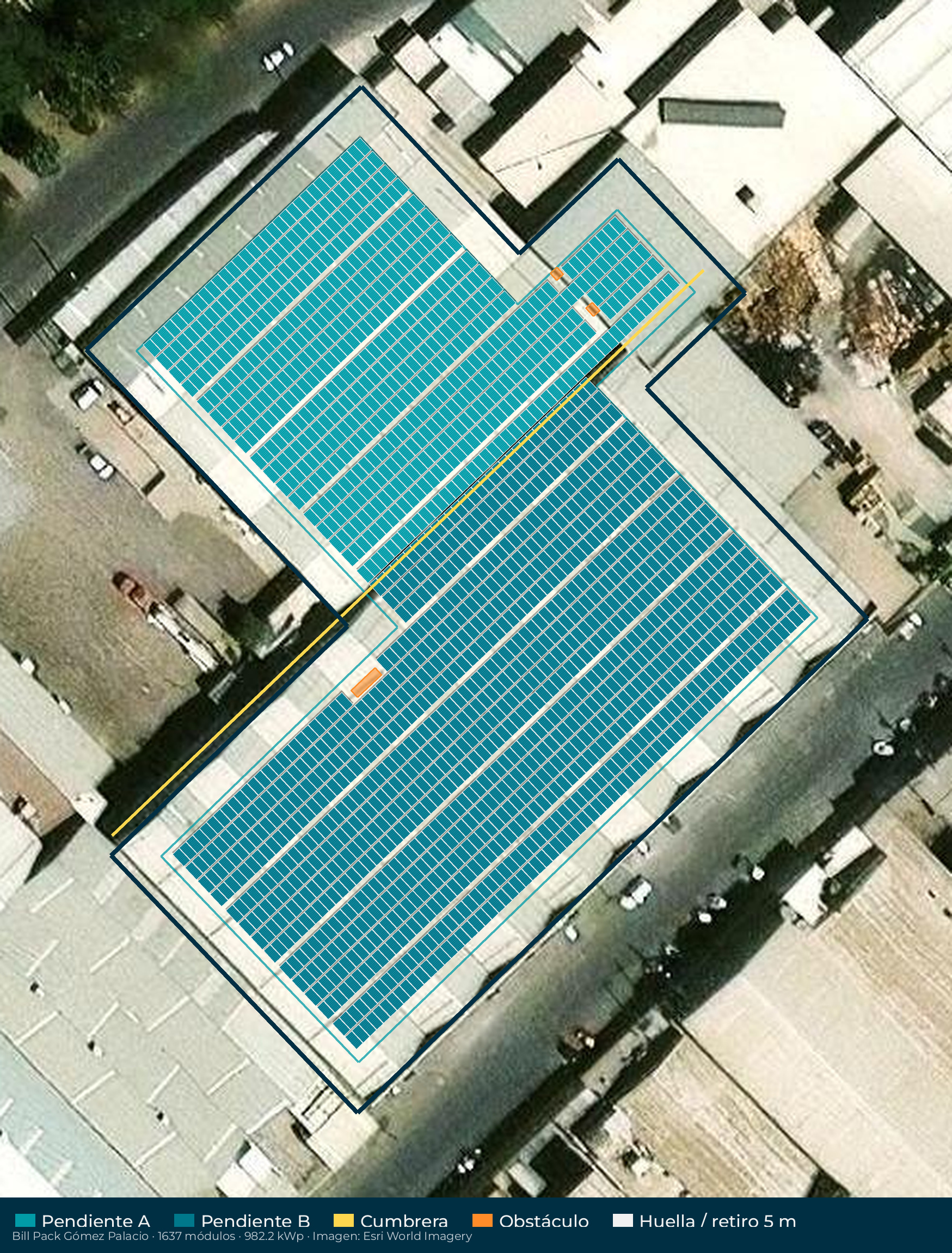 Acomodo preliminar de paneles solares en el techo de Bill Pack