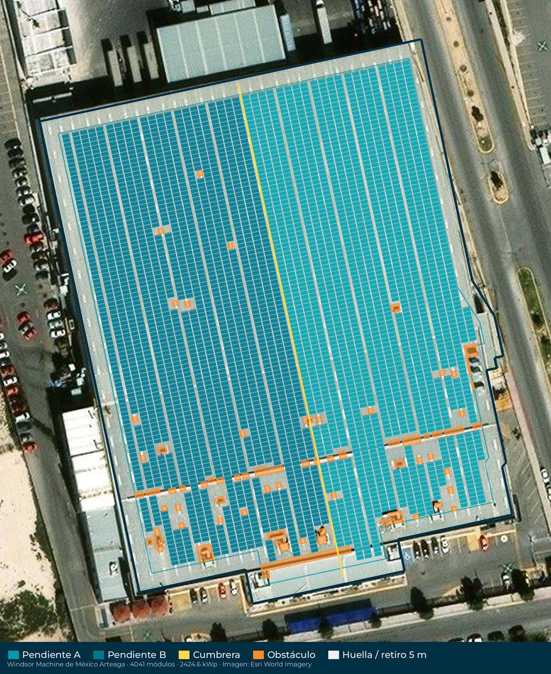 Acomodo preliminar de paneles solares en el techo de Windsor Machine de México