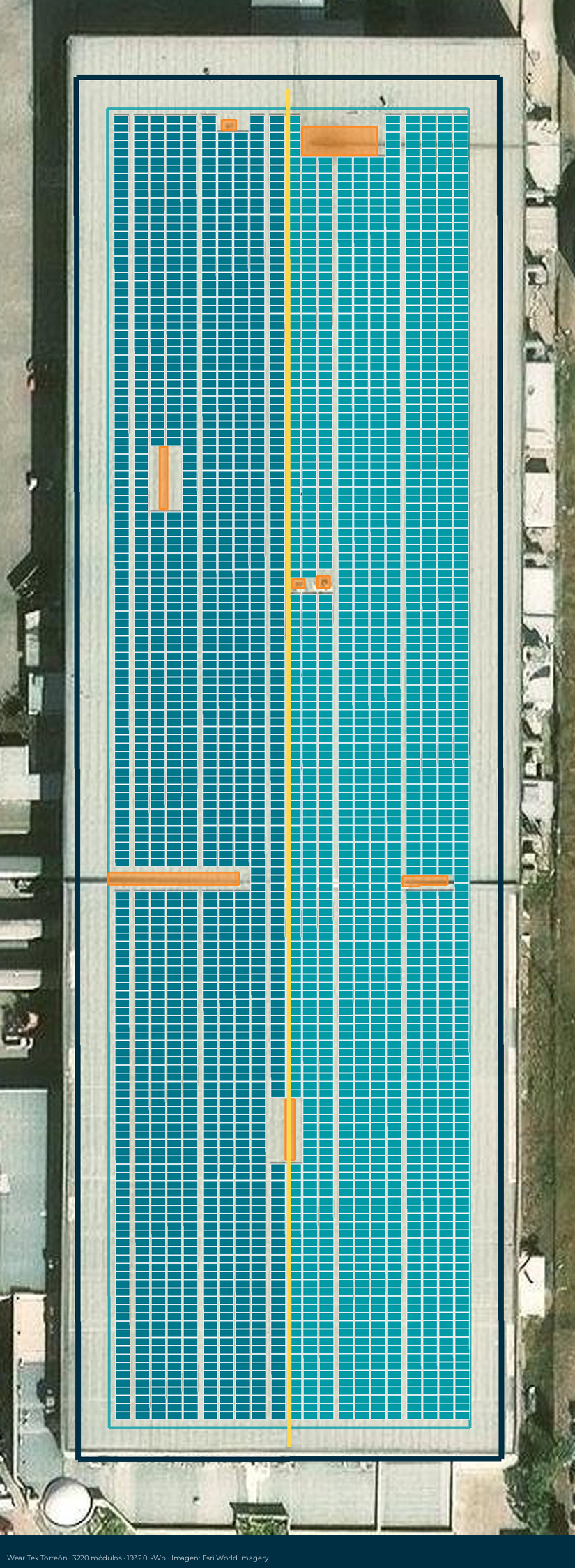 Acomodo preliminar de paneles solares en el techo de Wear Tex
