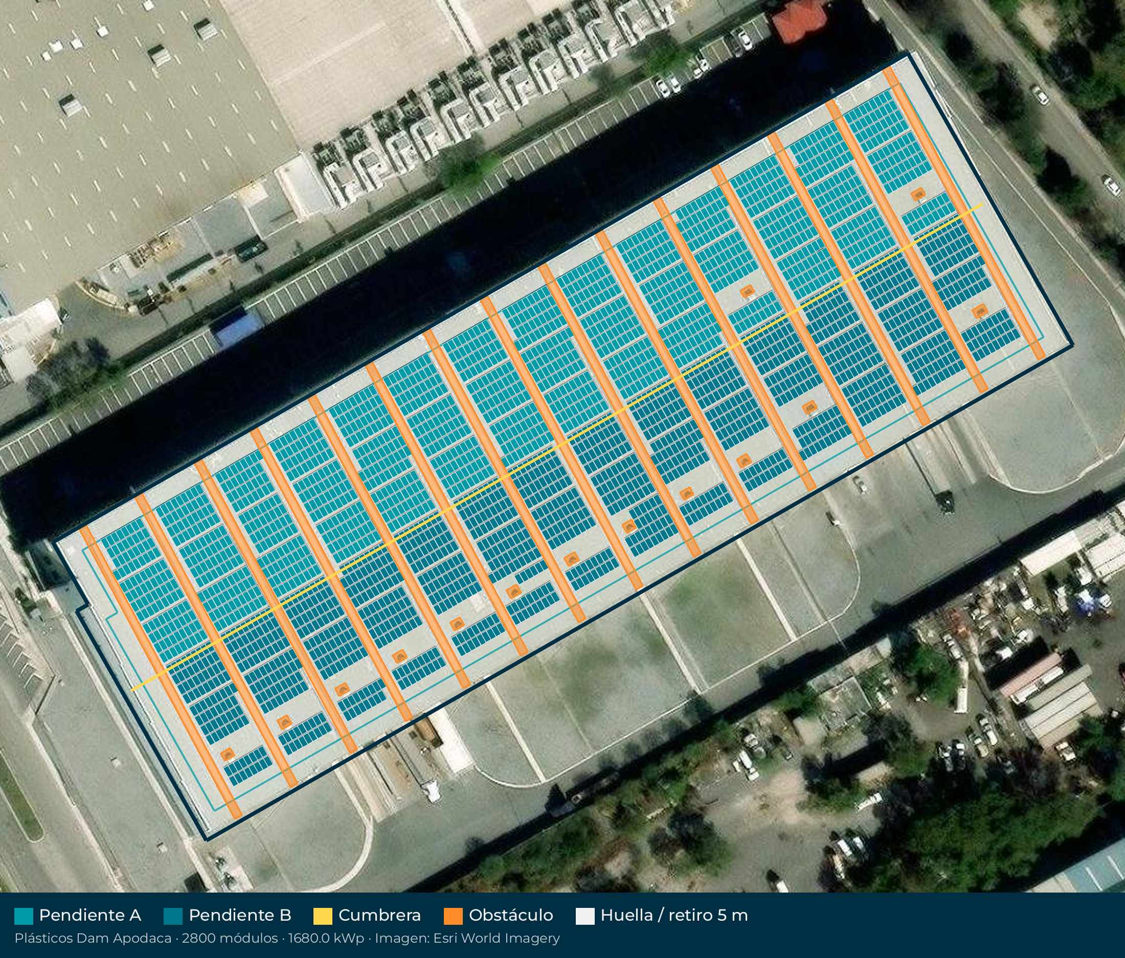 Acomodo preliminar de paneles solares en el techo de Plásticos Dam