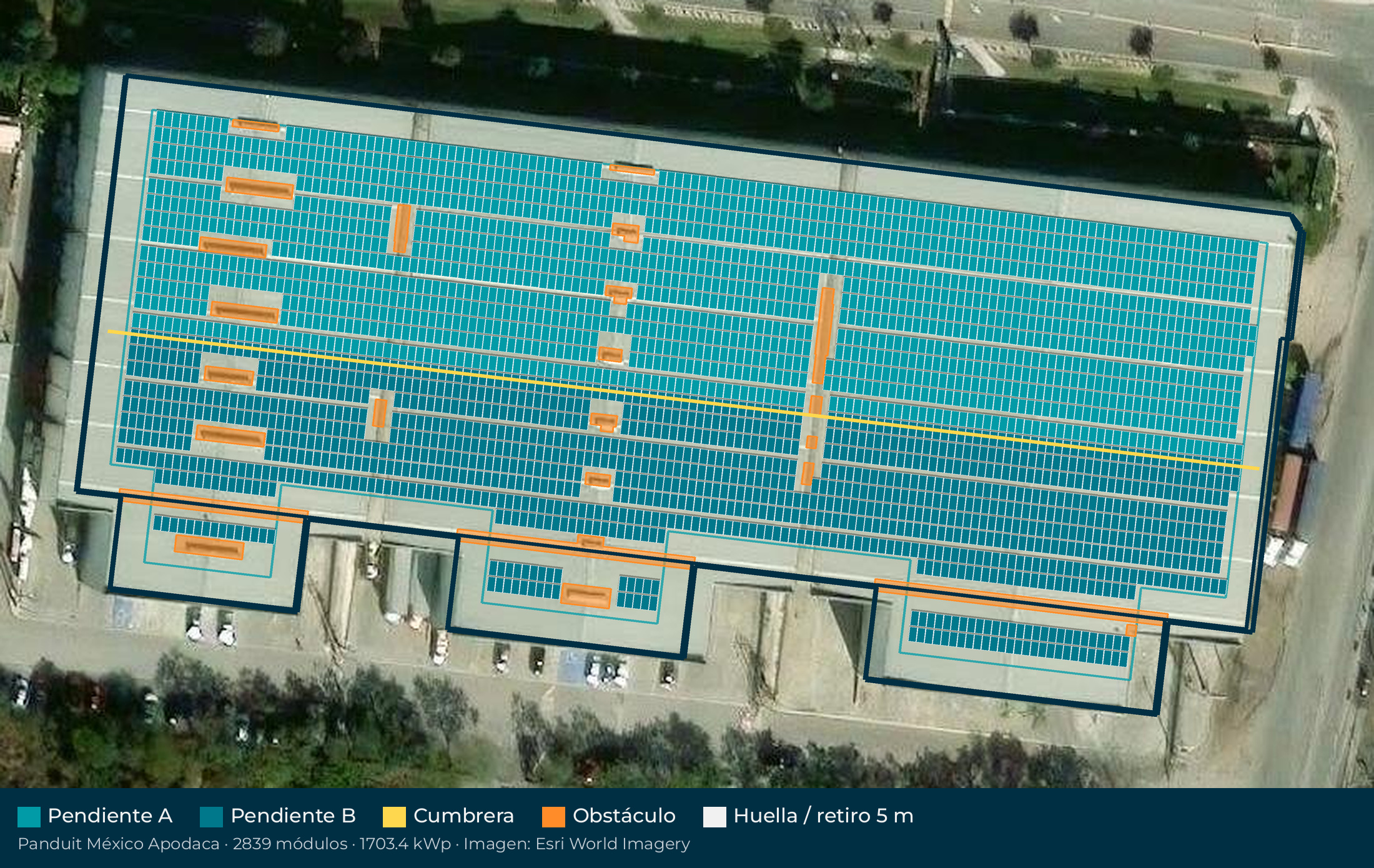 Acomodo preliminar de paneles solares en el techo de Panduit México