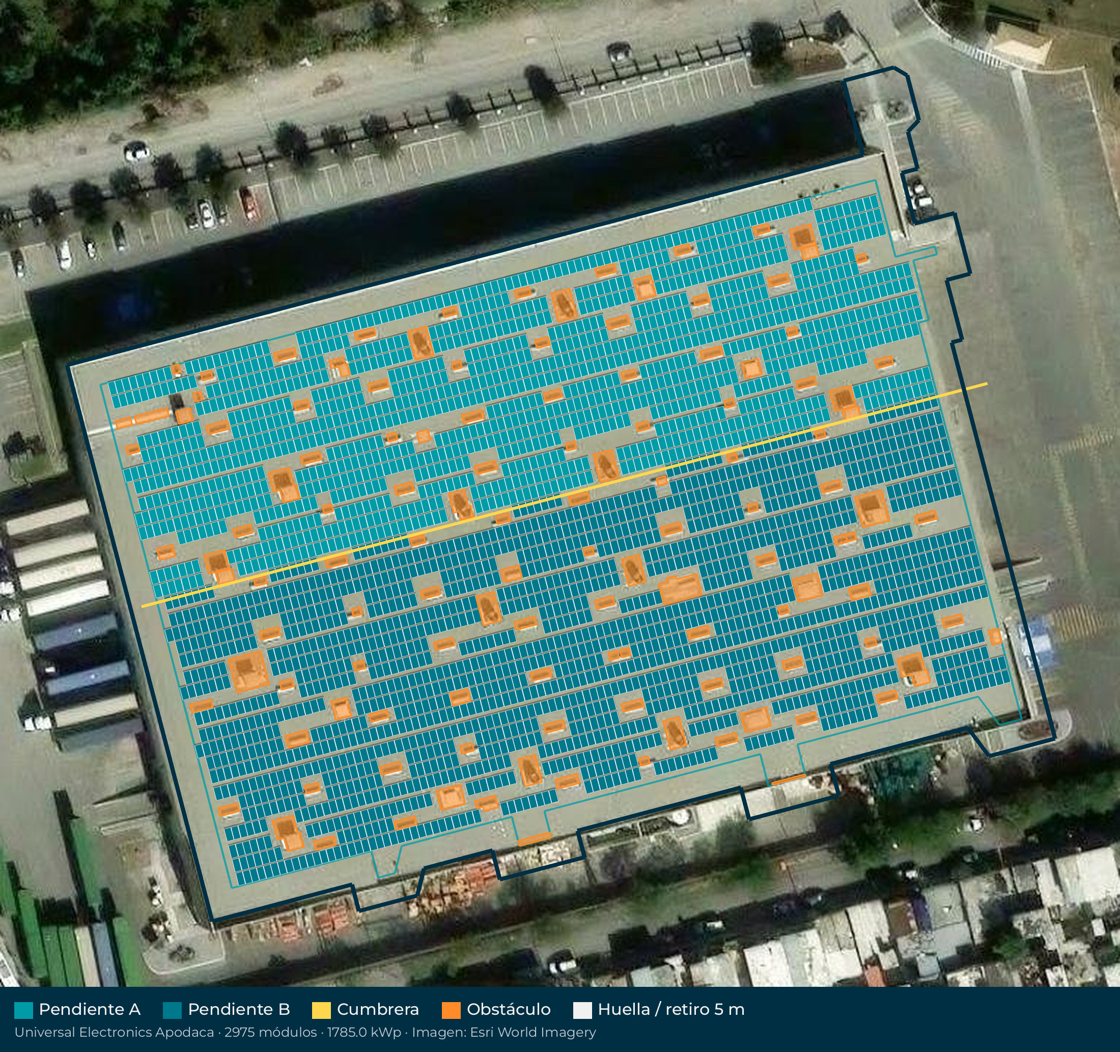 Acomodo preliminar de paneles solares en el techo de Universal Electronics