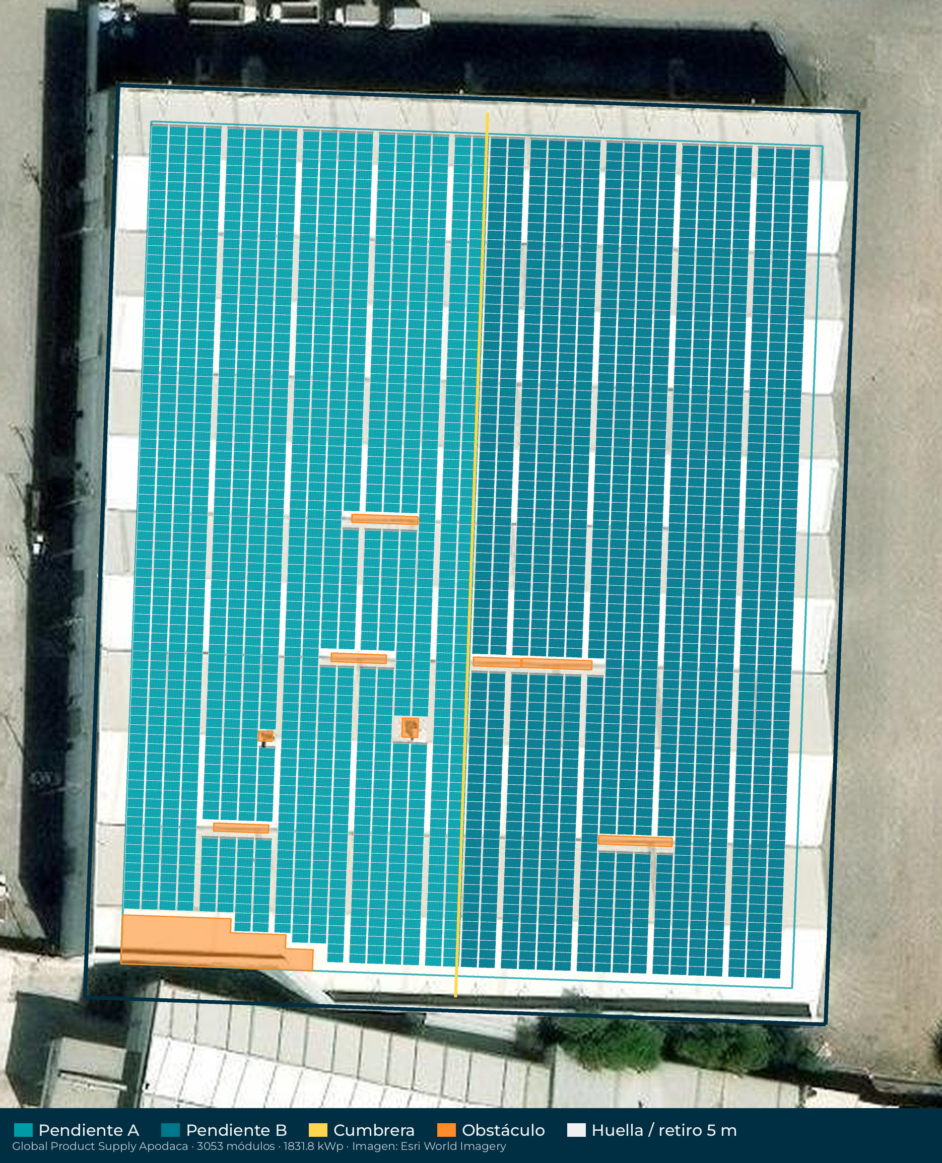 Acomodo preliminar de paneles solares en el techo de Global Product Supply