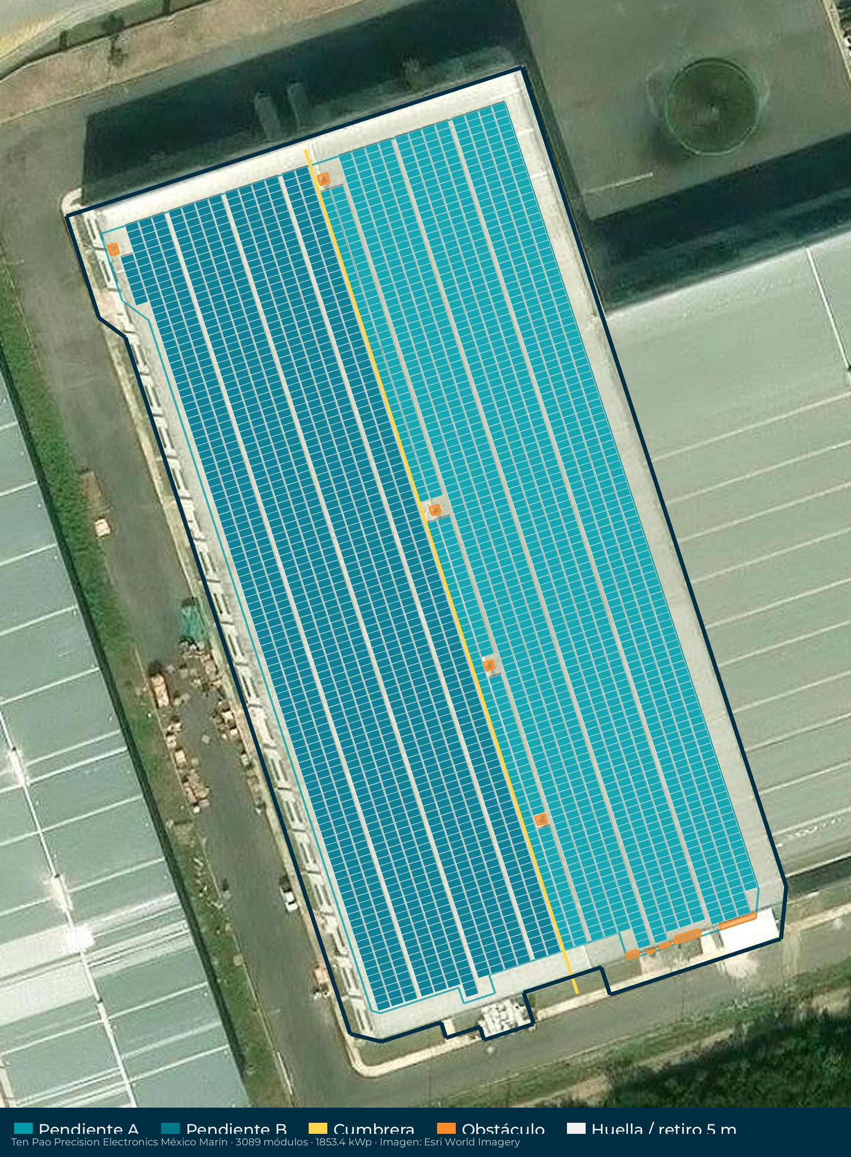 Acomodo preliminar de paneles solares en el techo de Ten Pao Precision Electronics México