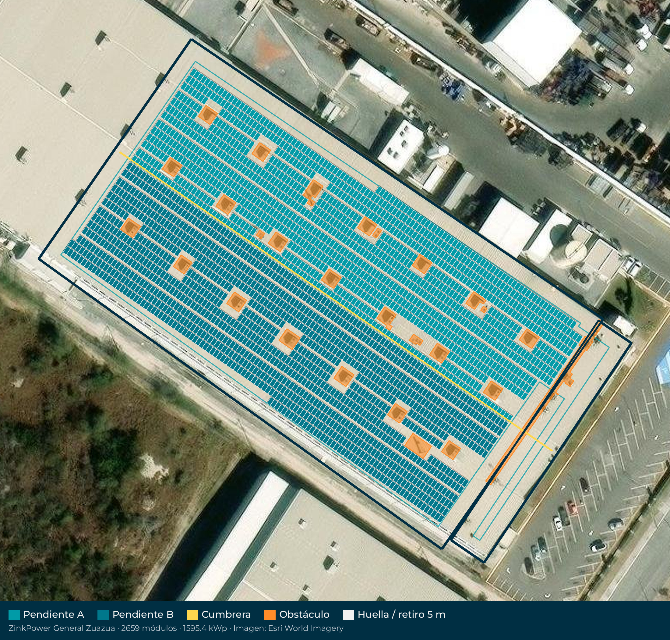 Acomodo preliminar de paneles solares en el techo de ZinkPower