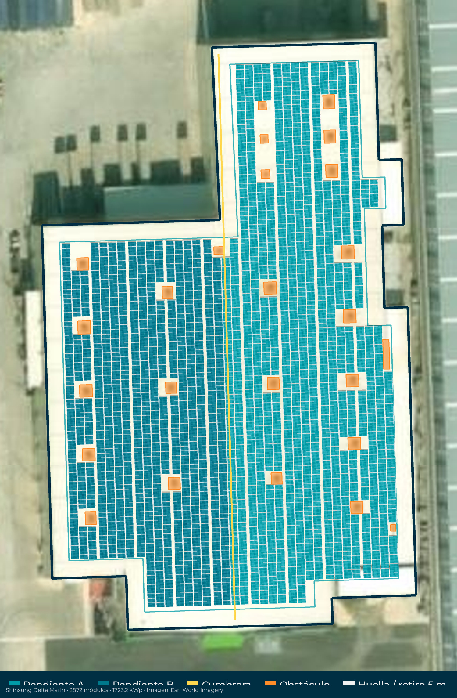 Acomodo preliminar de paneles solares en el techo de Shinsung Delta