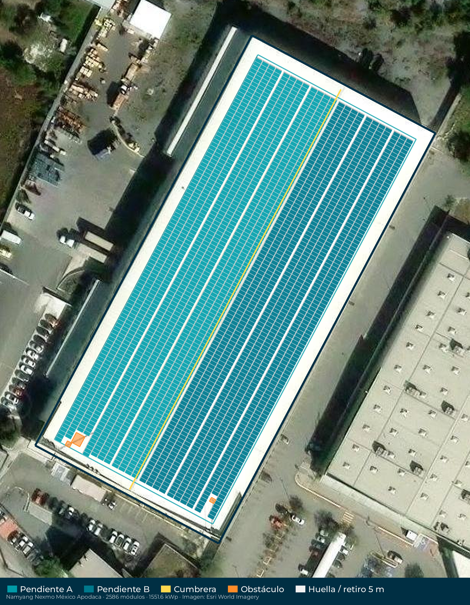 Acomodo preliminar de paneles solares en el techo de Namyang Nexmo México