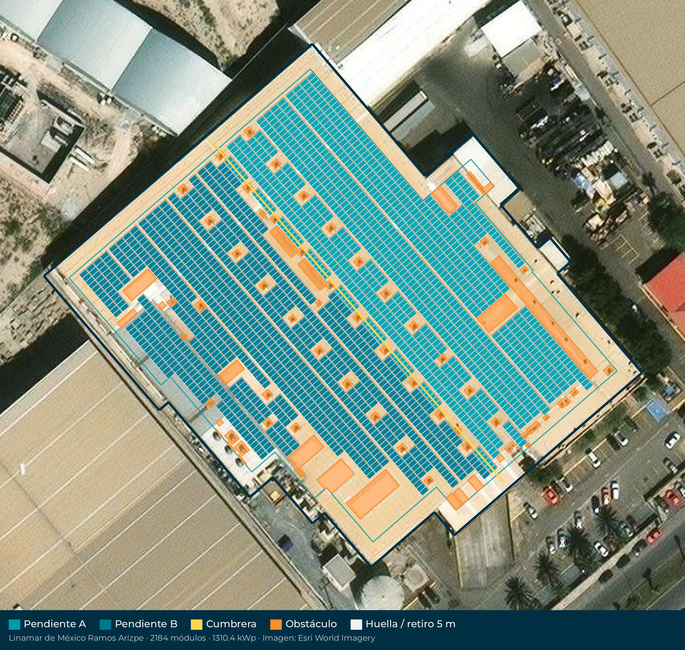 Acomodo preliminar de paneles solares en el techo de Linamar de México