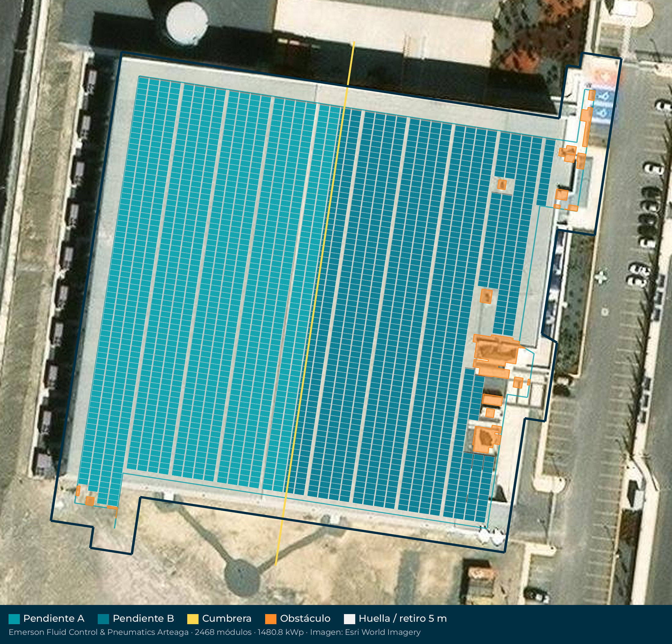 Acomodo preliminar de paneles solares en el techo de Emerson Fluid Control & Pneumatics