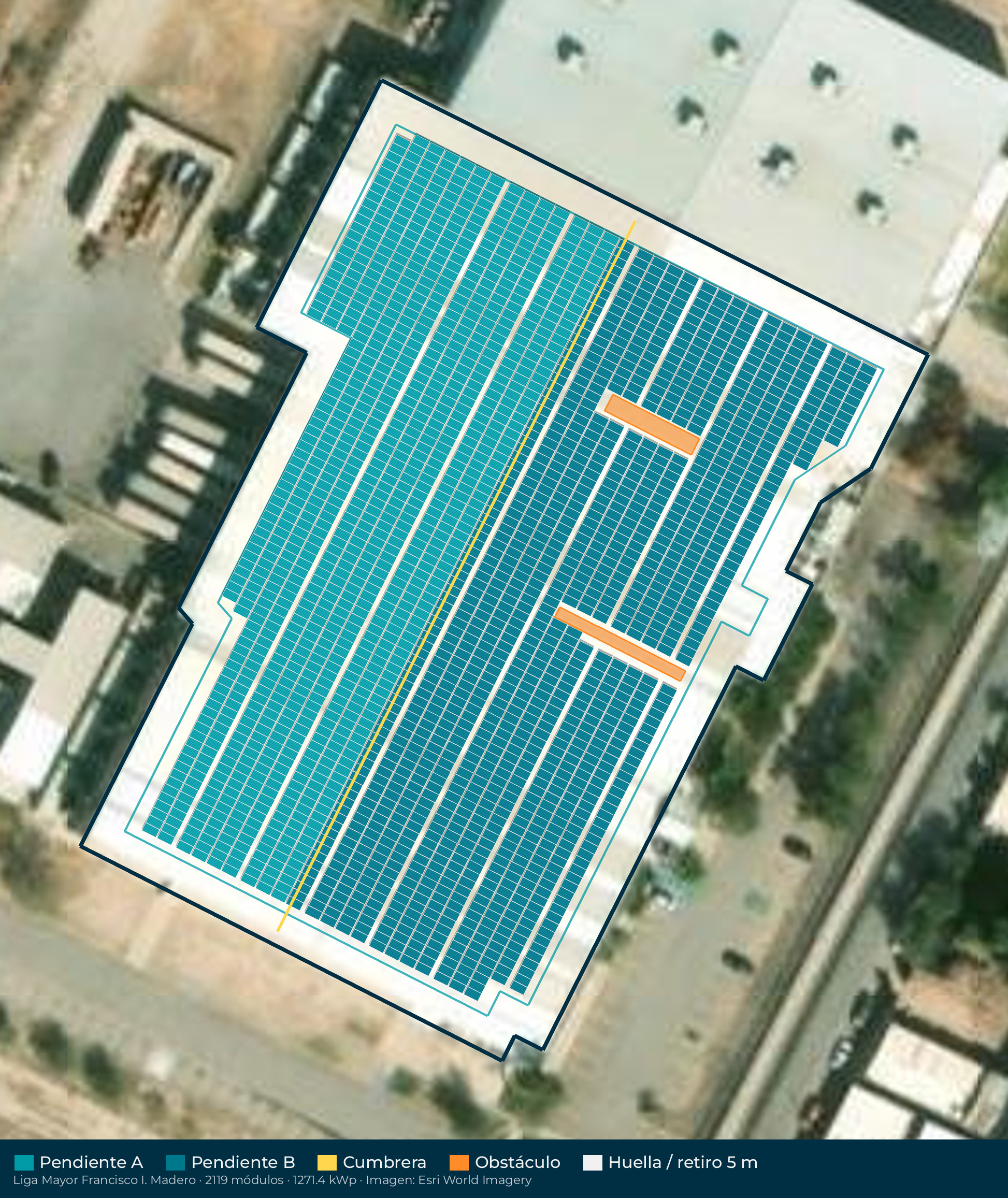 Acomodo preliminar de paneles solares en el techo de Liga Mayor