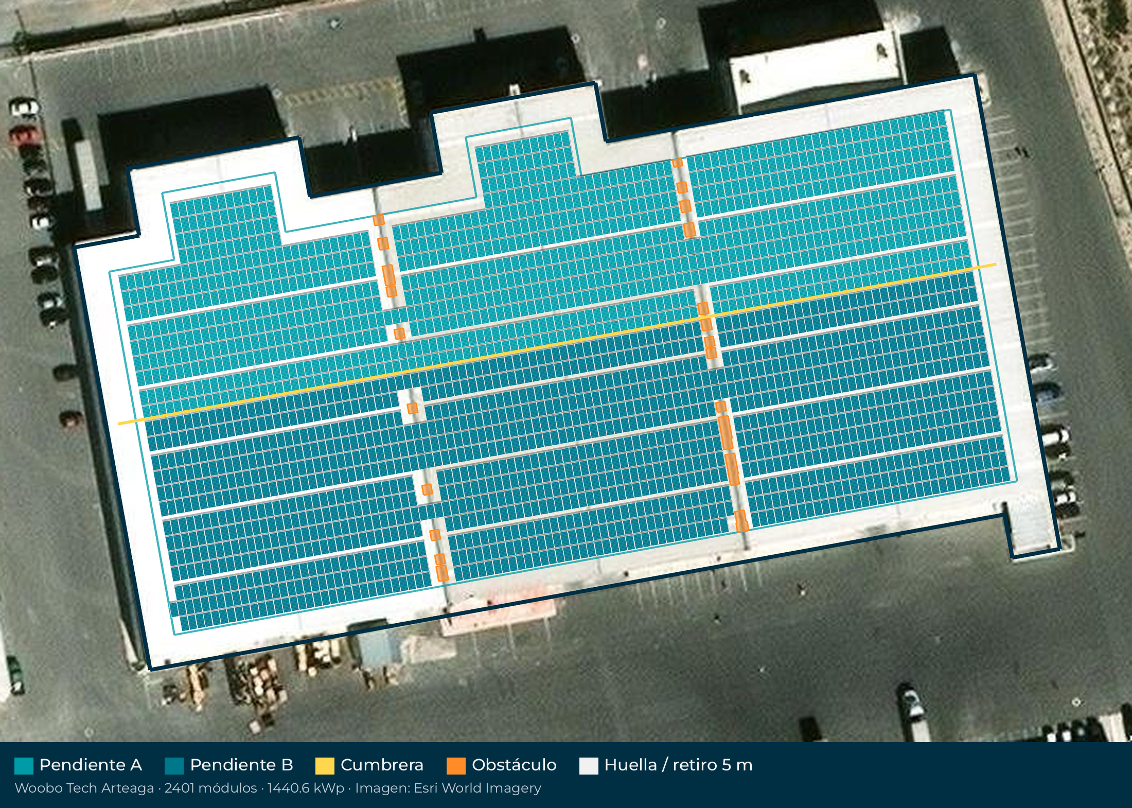 Acomodo preliminar de paneles solares en el techo de Woobo Tech