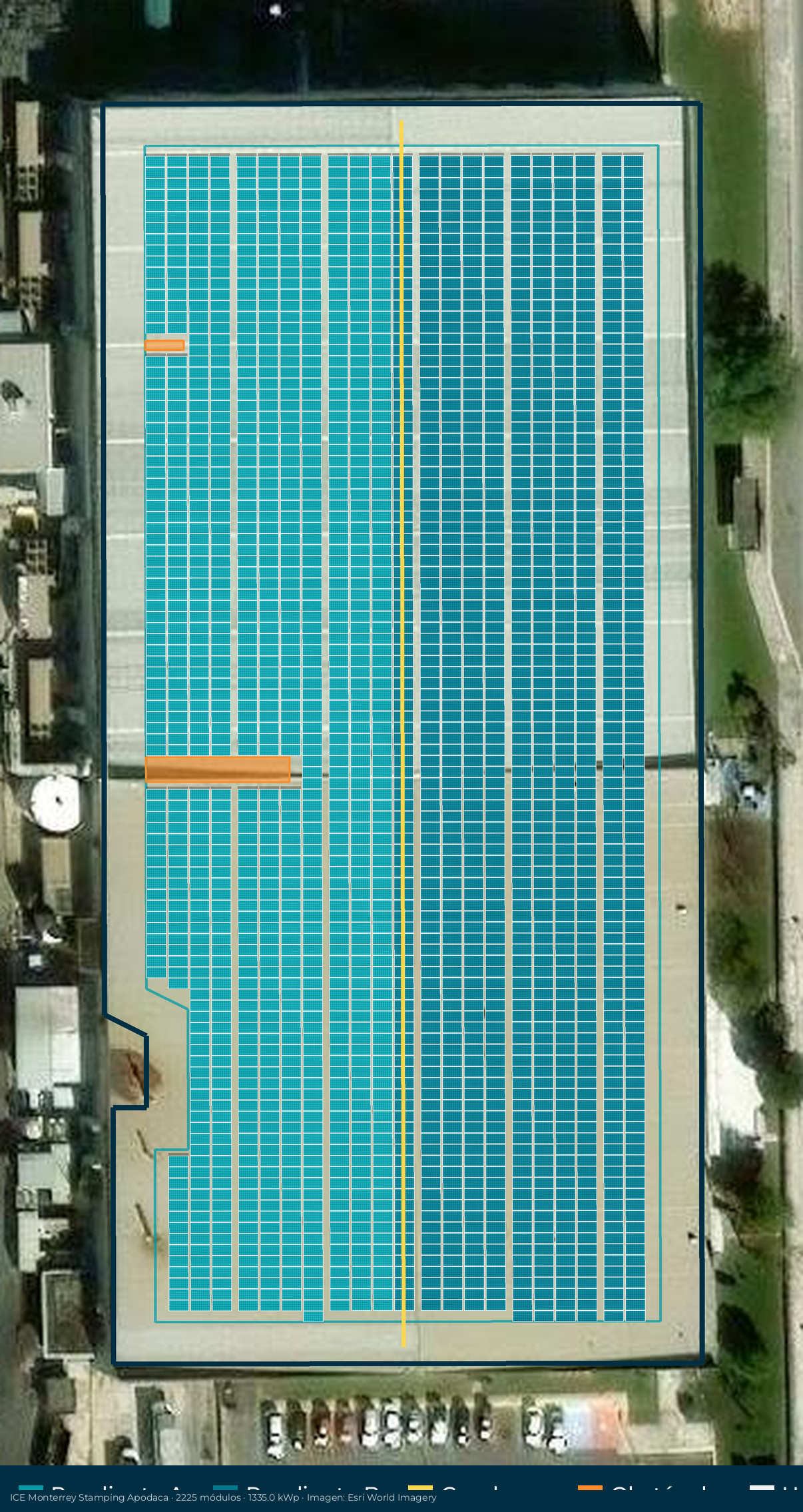 Acomodo preliminar de paneles solares en el techo de ICE Monterrey Stamping
