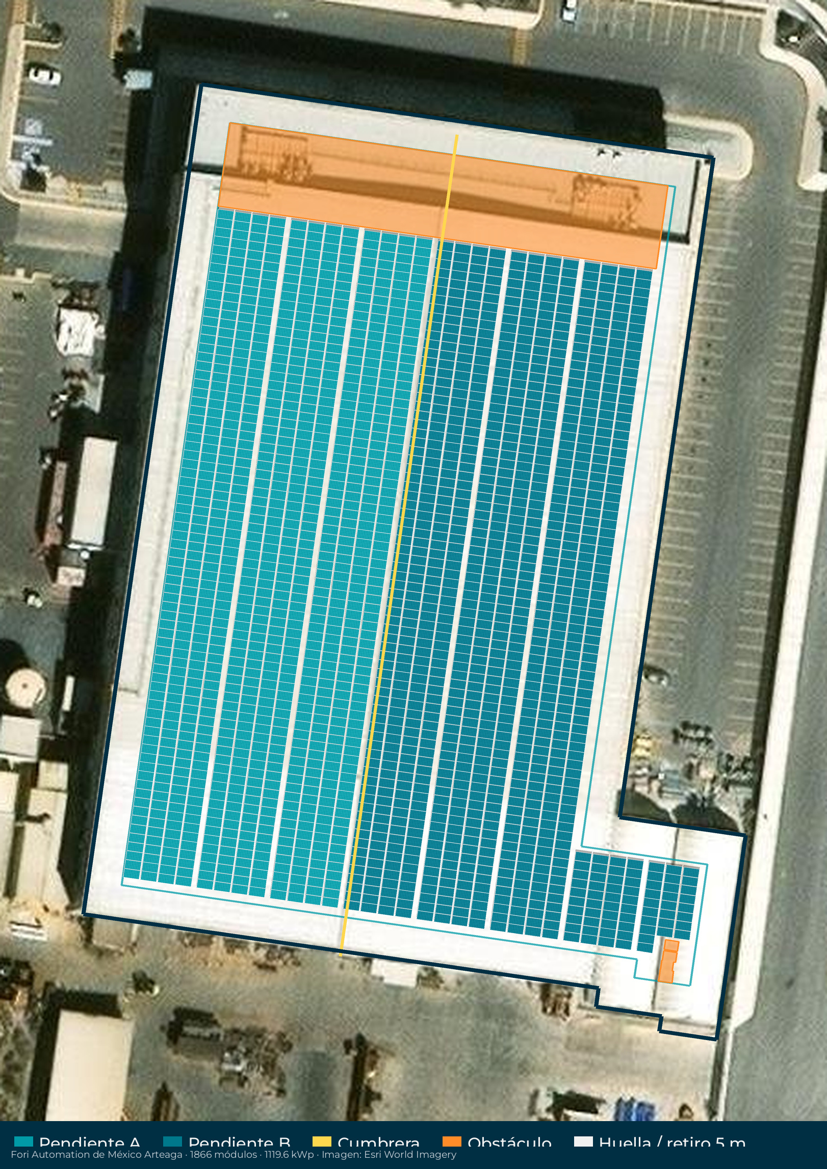 Acomodo preliminar de paneles solares en el techo de Fori Automation de México