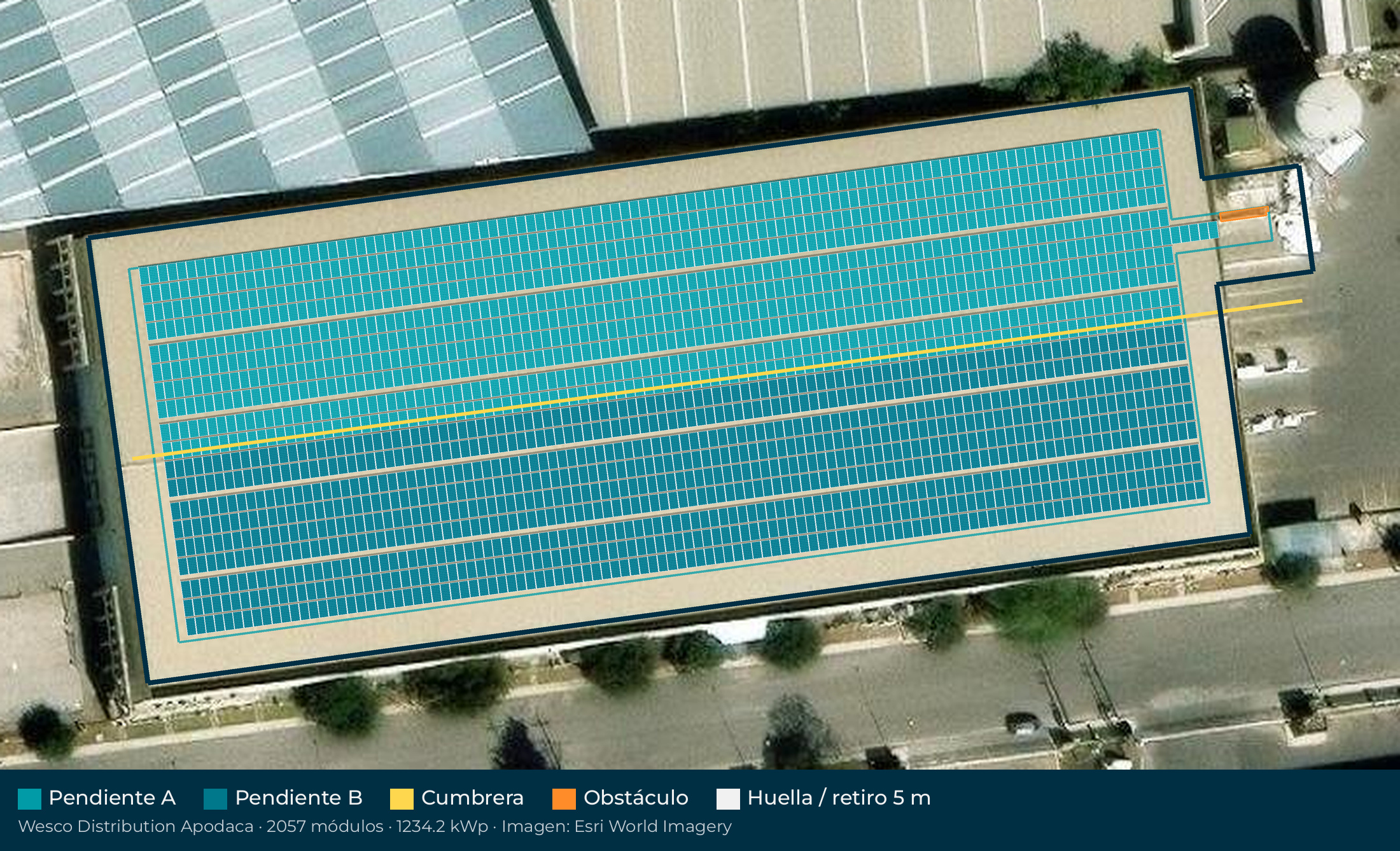 Acomodo preliminar de paneles solares en el techo de Wesco Distribution