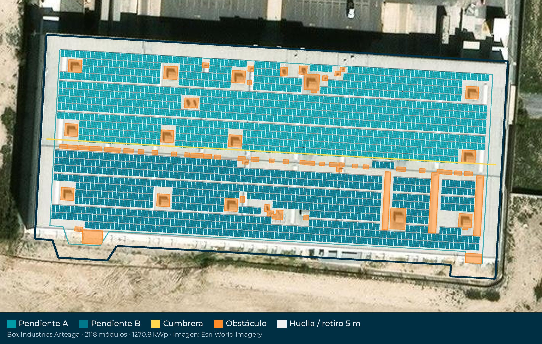 Acomodo preliminar de paneles solares en el techo de Box Industries