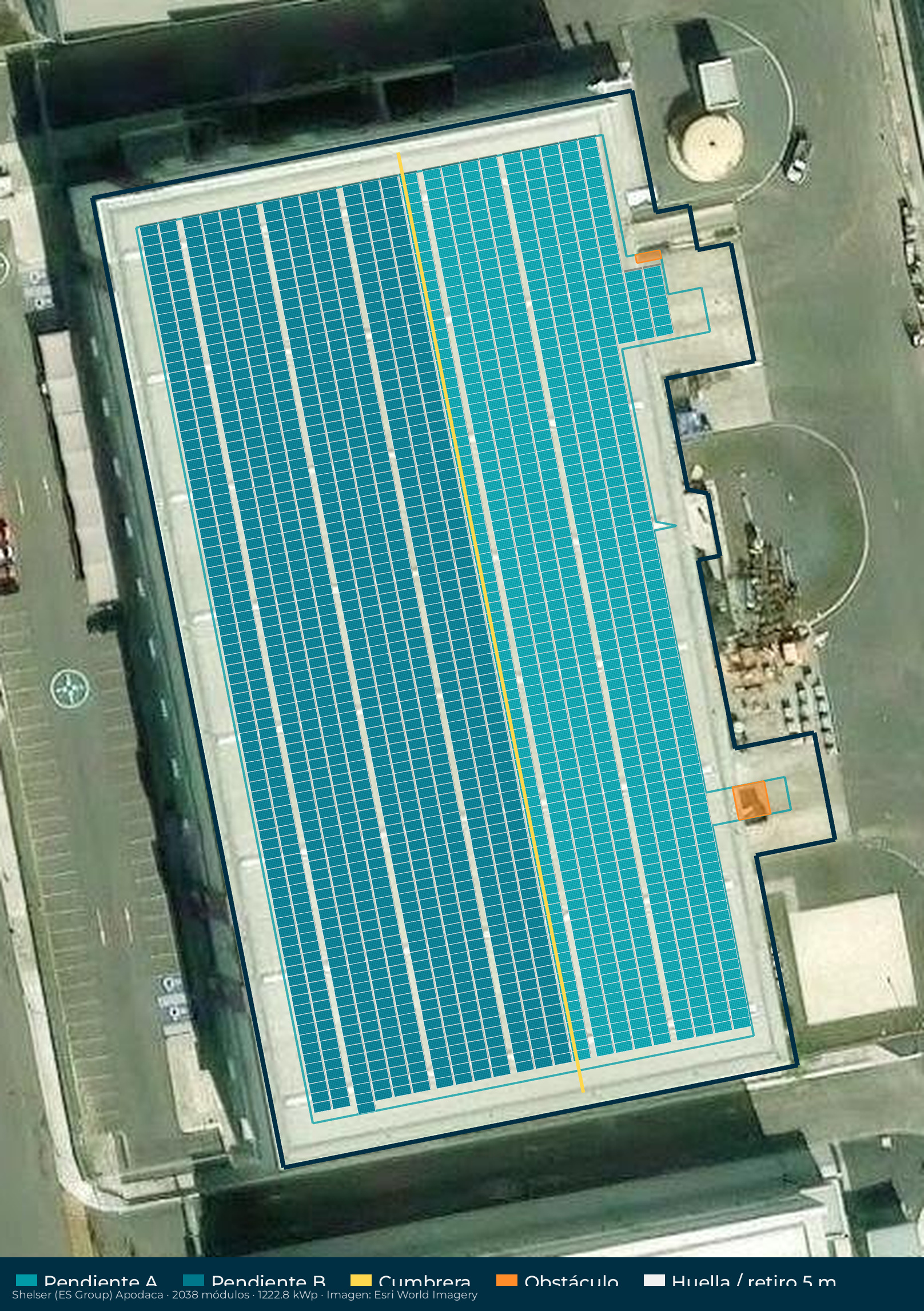 Acomodo preliminar de paneles solares en el techo de Shelser (ES Group)