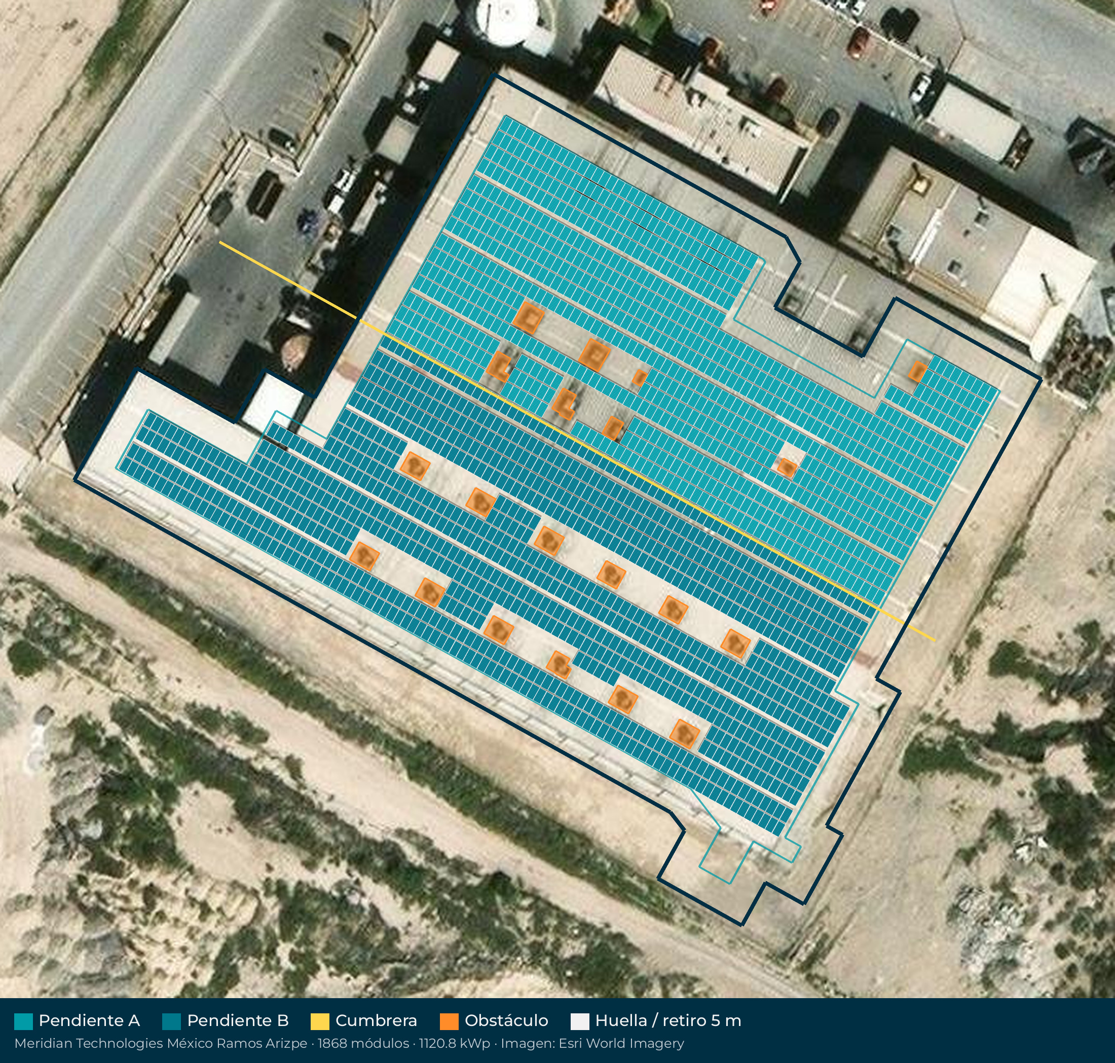 Acomodo preliminar de paneles solares en el techo de Meridian Technologies México