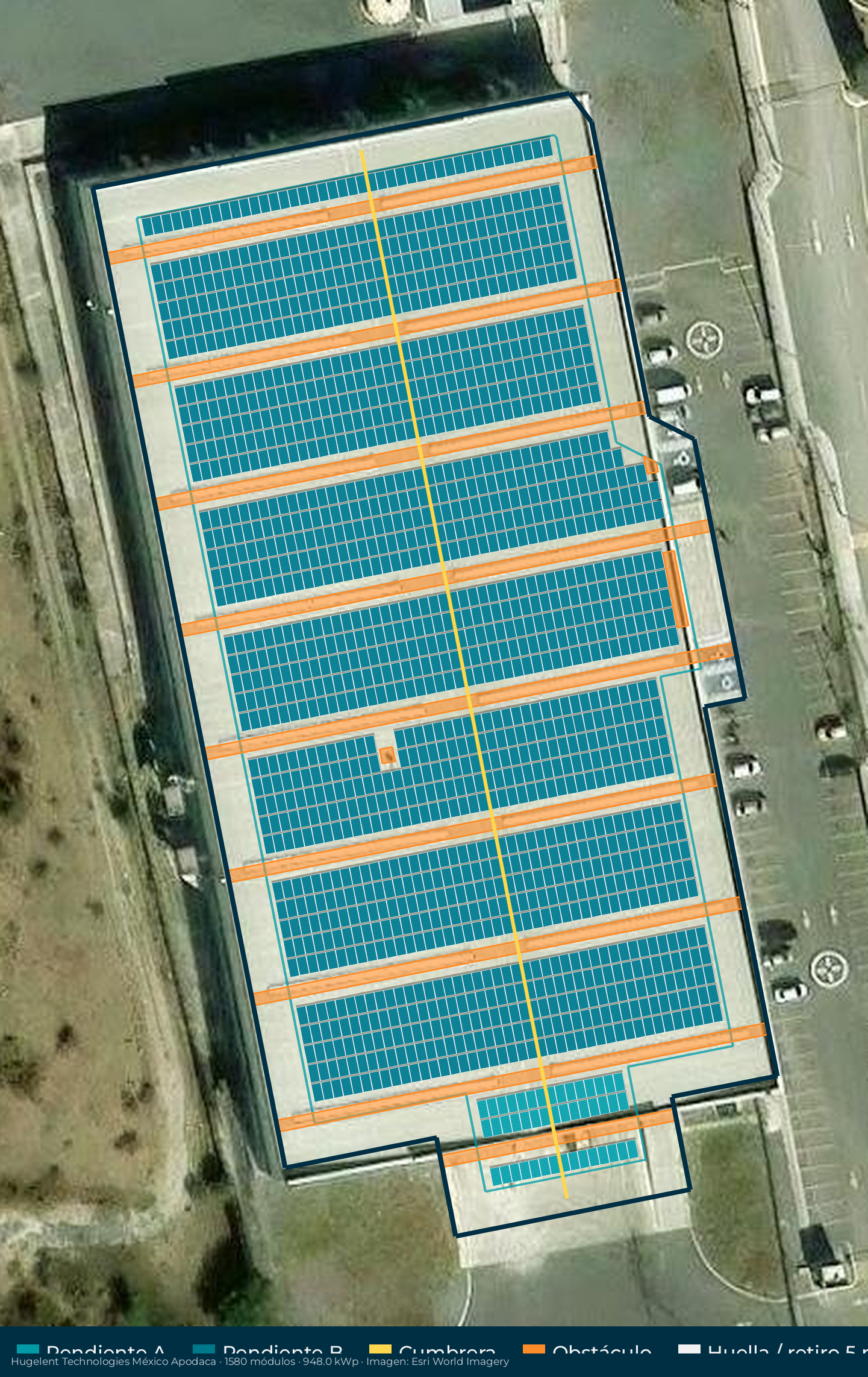 Acomodo preliminar de paneles solares en el techo de Hugelent Technologies México