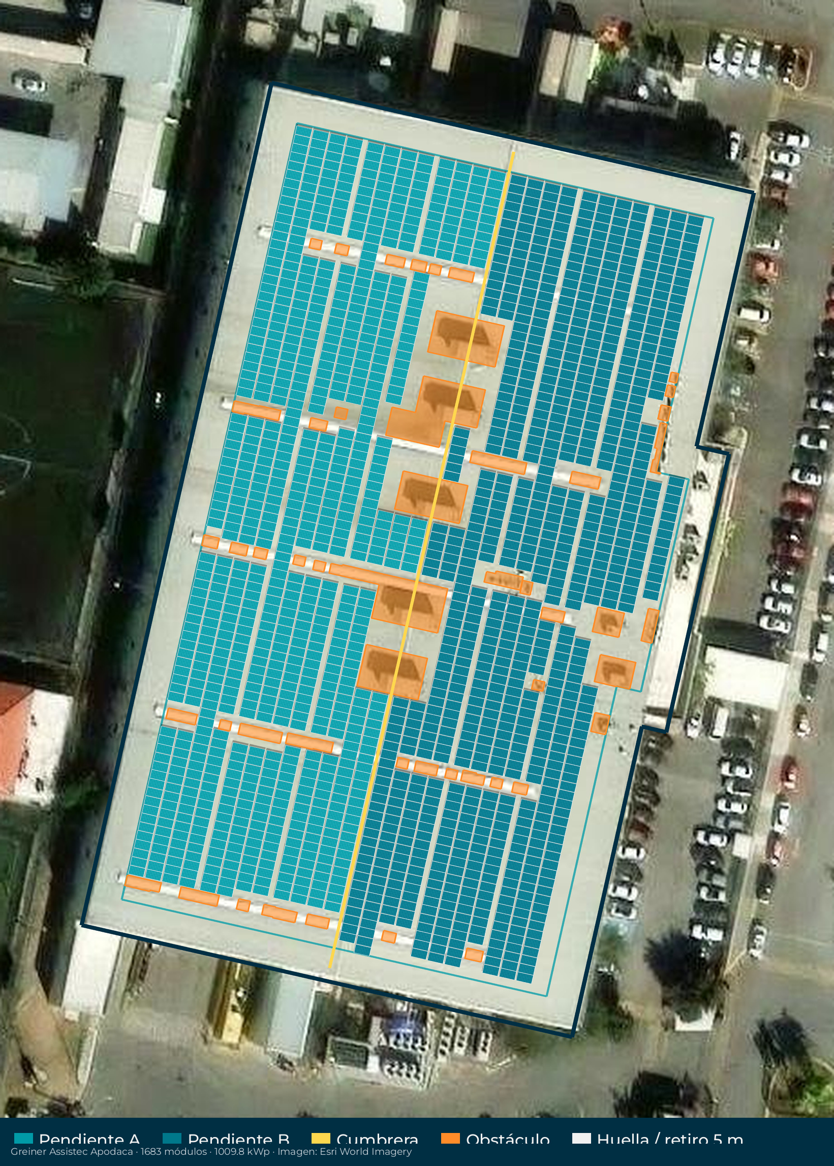Acomodo preliminar de paneles solares en el techo de Greiner Assistec