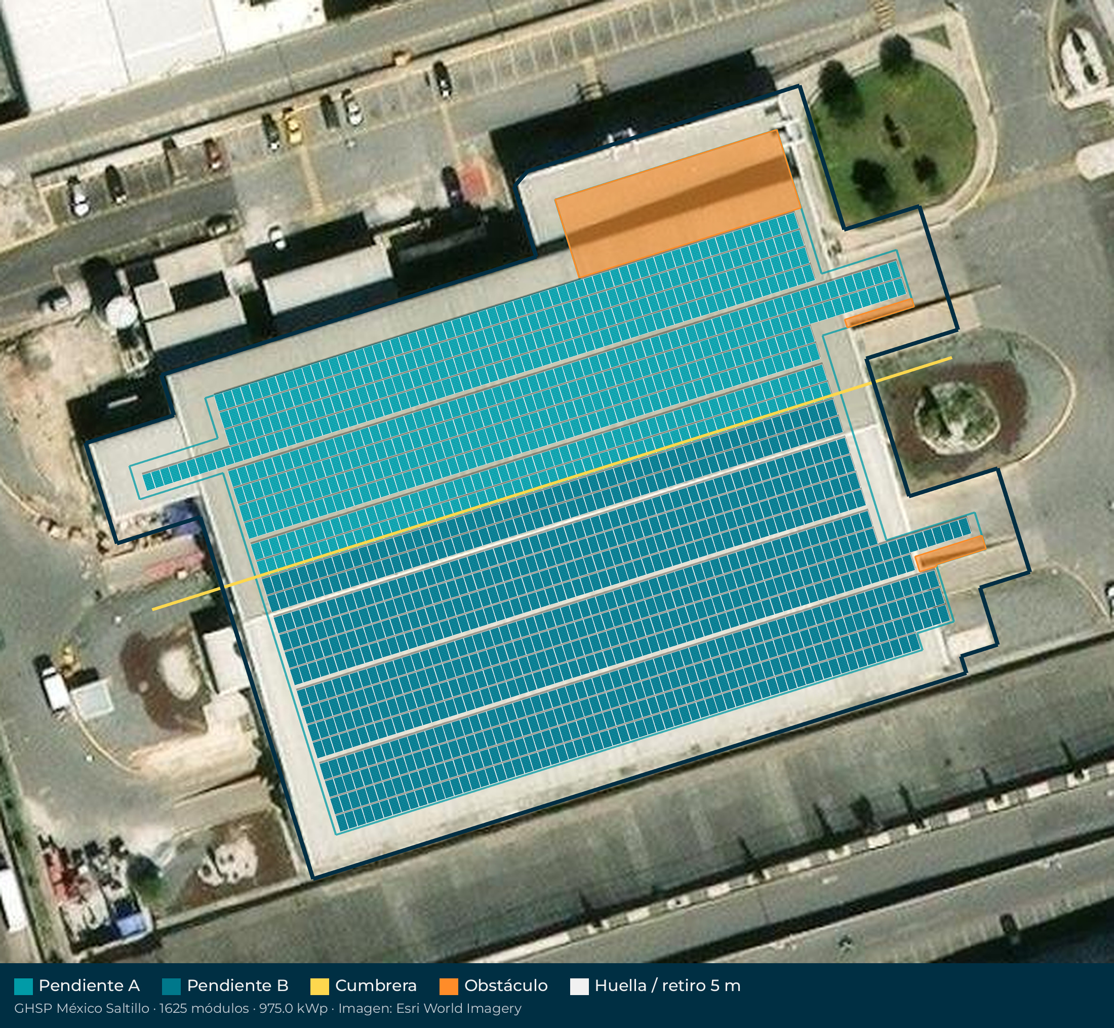 Acomodo preliminar de paneles solares en el techo de GHSP México