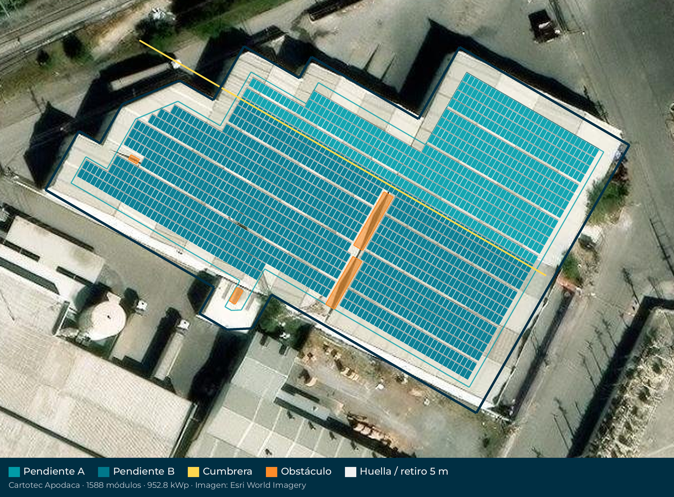 Acomodo preliminar de paneles solares en el techo de Cartotec