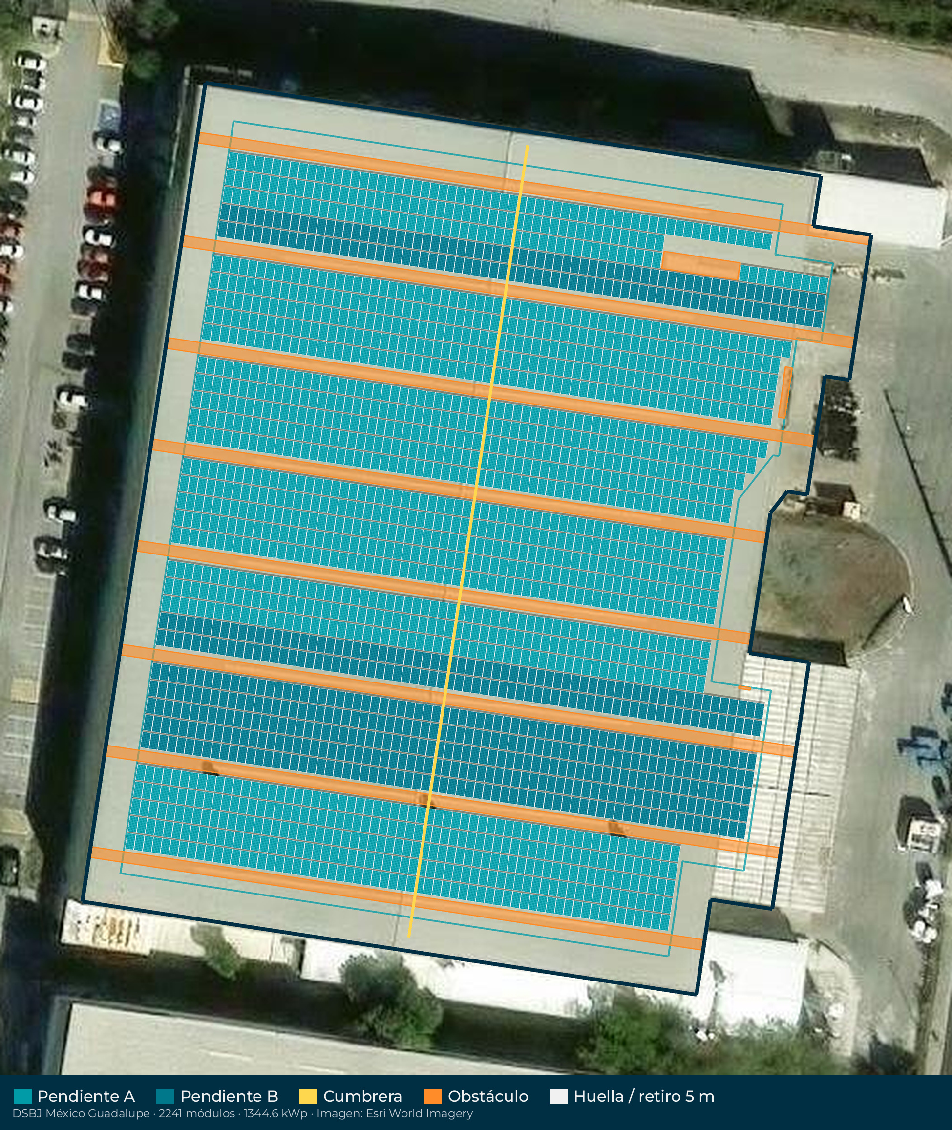 Acomodo preliminar de paneles solares en el techo de DSBJ México