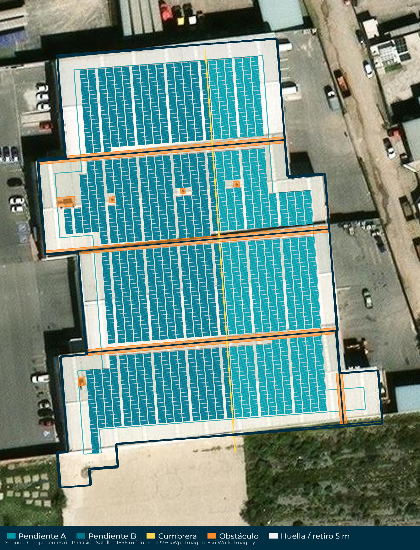 Acomodo preliminar de paneles solares en el techo de Sequoia Componentes de Precisión