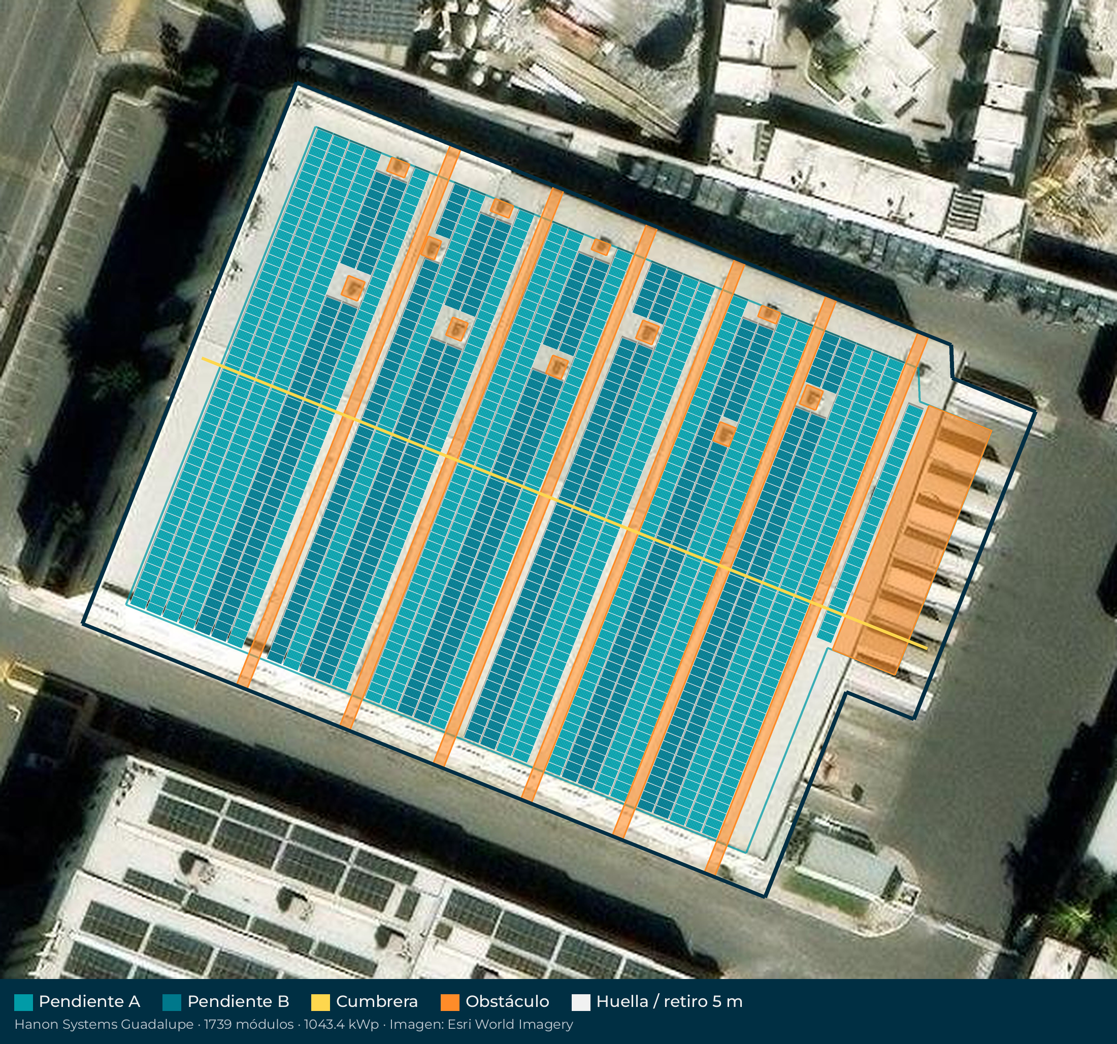 Acomodo preliminar de paneles solares en el techo de Hanon Systems