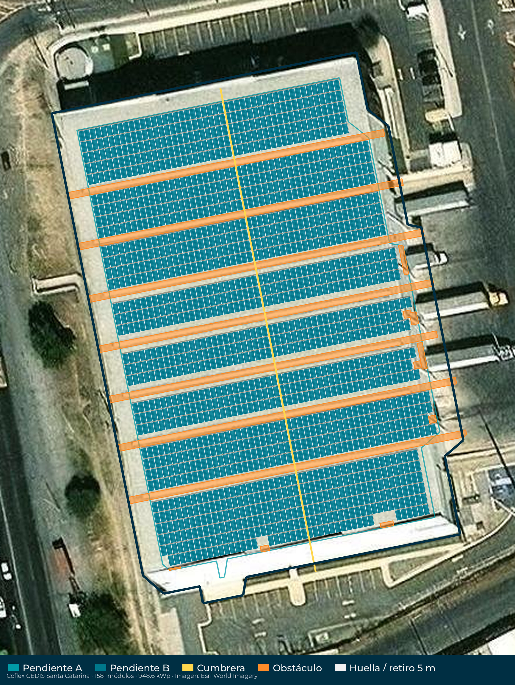 Acomodo preliminar de paneles solares en el techo de Coflex CEDIS