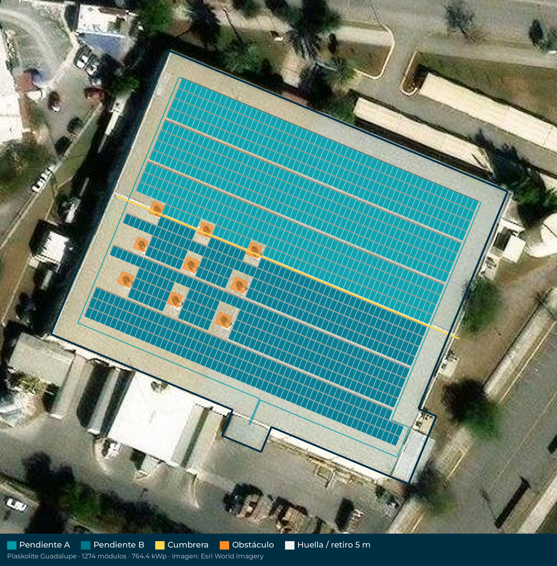 Acomodo preliminar de paneles solares en el techo de Plaskolite