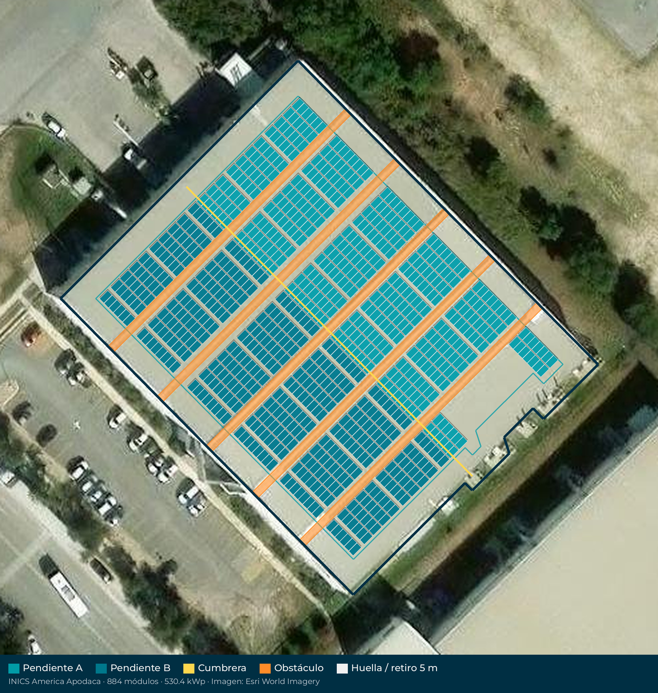 Acomodo preliminar de paneles solares en el techo de INICS America
