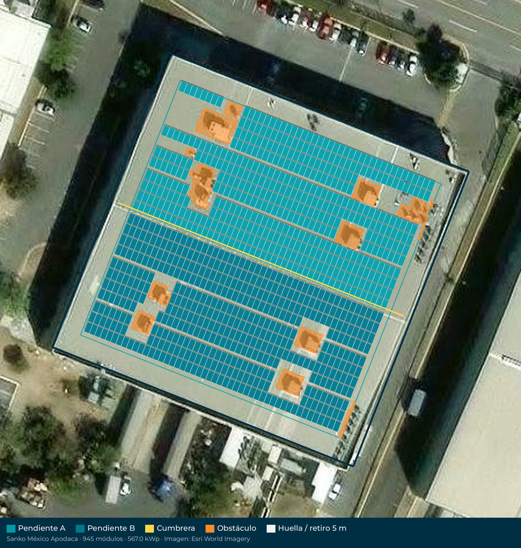 Acomodo preliminar de paneles solares en el techo de Sanko México