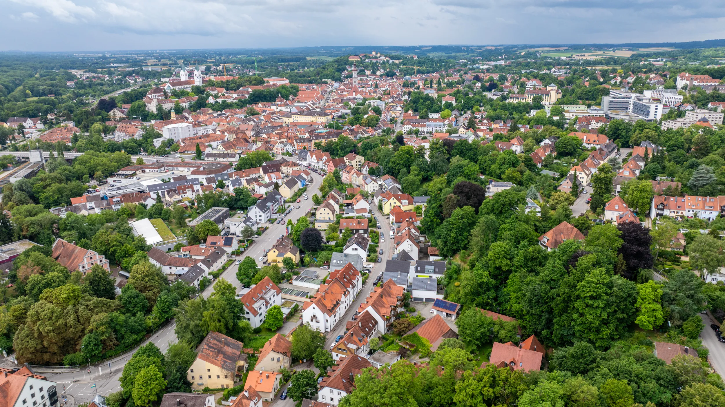 A drone image of the city of Freising
