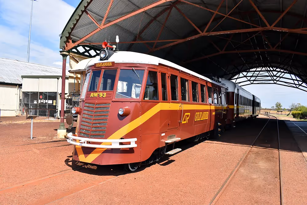 The historic Gulflander train waiting at the platform in Normanton, Queensland.