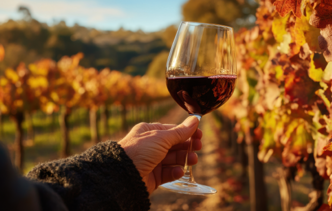 A person holding a glass of red wine in a vineyard during autumn.