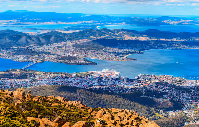 Hobart Tasmania harbour and coastline, a scenic destination for solo travellers over 50.