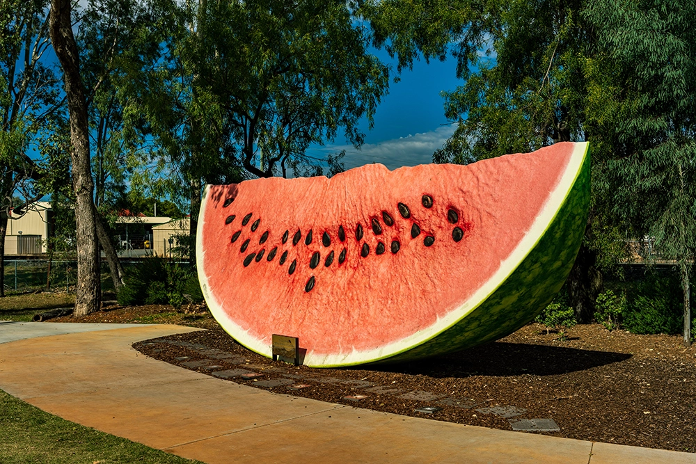 Large watermelon sculpture celebrating the Chinchilla Melon Festival in Chinchilla, Queensland.