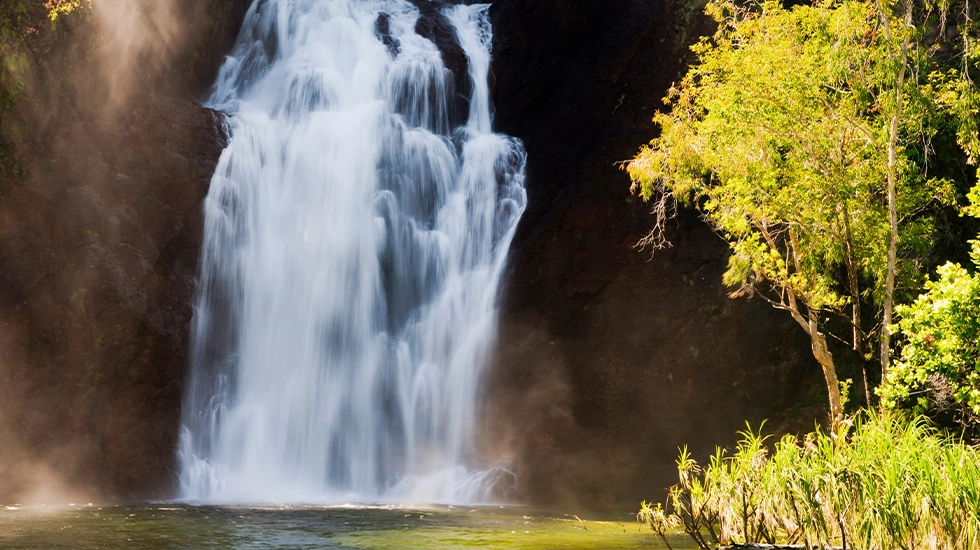 Waterfall cascading into a plunge pool at Litchfield National Park, surrounded by lush greenery and sunlit rock walls.