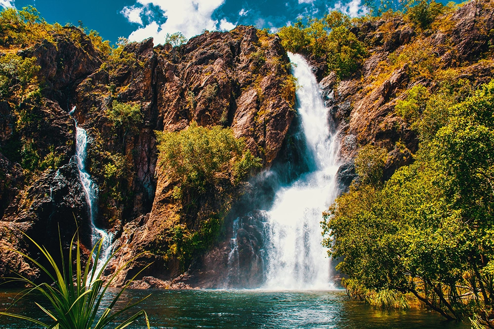 Twin waterfalls flowing into a clear plunge pool at Litchfield National Park, framed by rugged rock cliffs and lush tropical greenery.