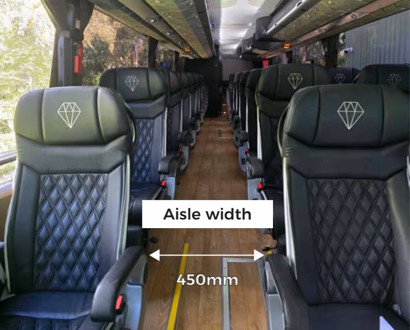 Diamond Class coach aisle with annotation showing aisle width of 450mm