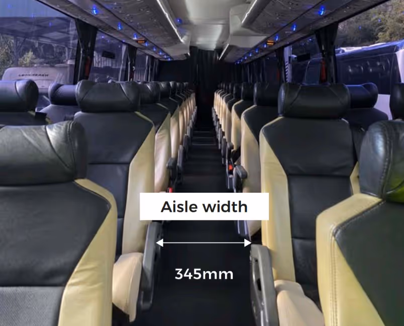 Gold Class coach aisle with annotation showing aisle width of 345mm