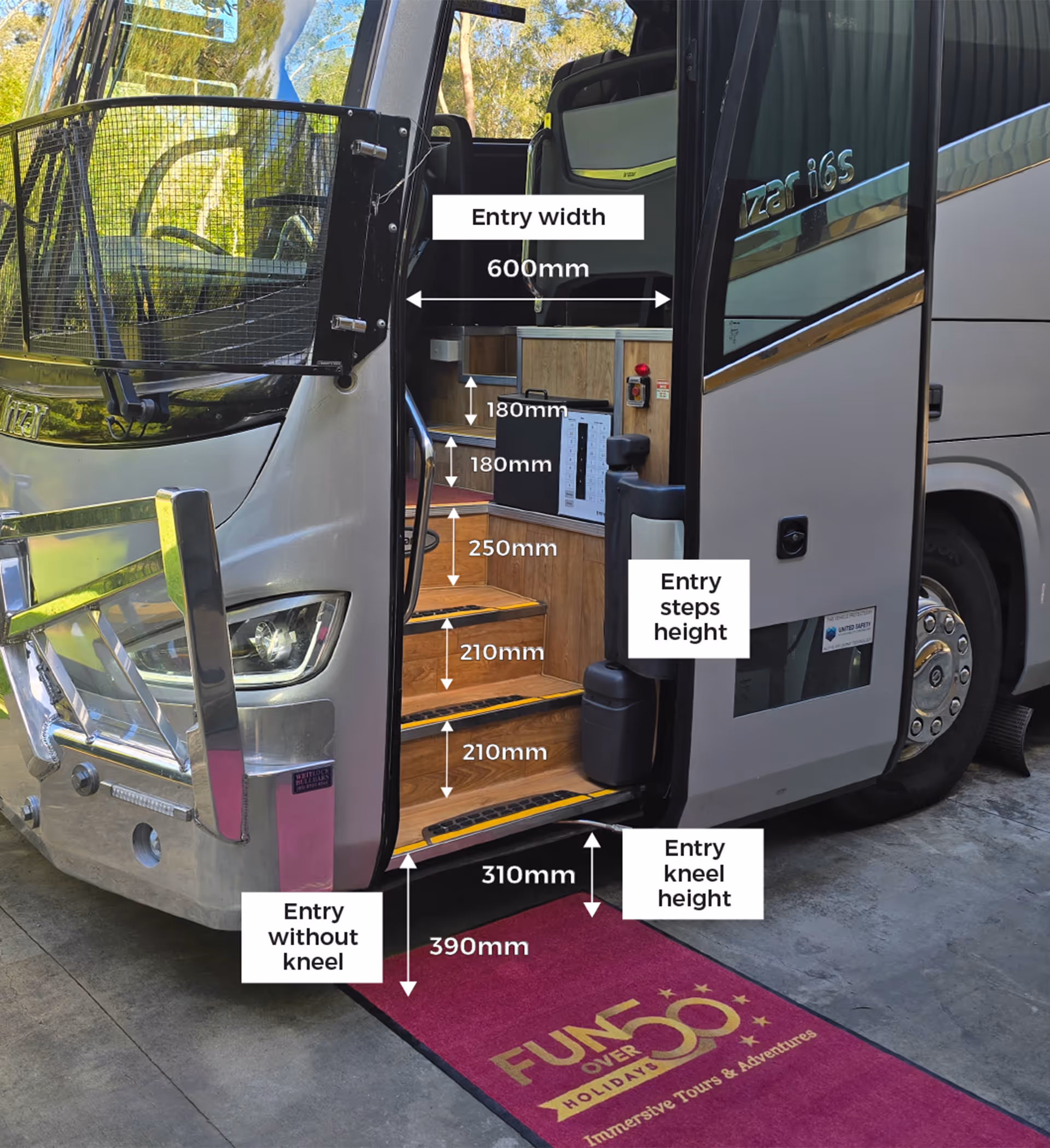 Annotated diagram of Diamond Class coach entry showing 600mm entry width, step heights, 310mm kneel height, and 390mm height without kneel