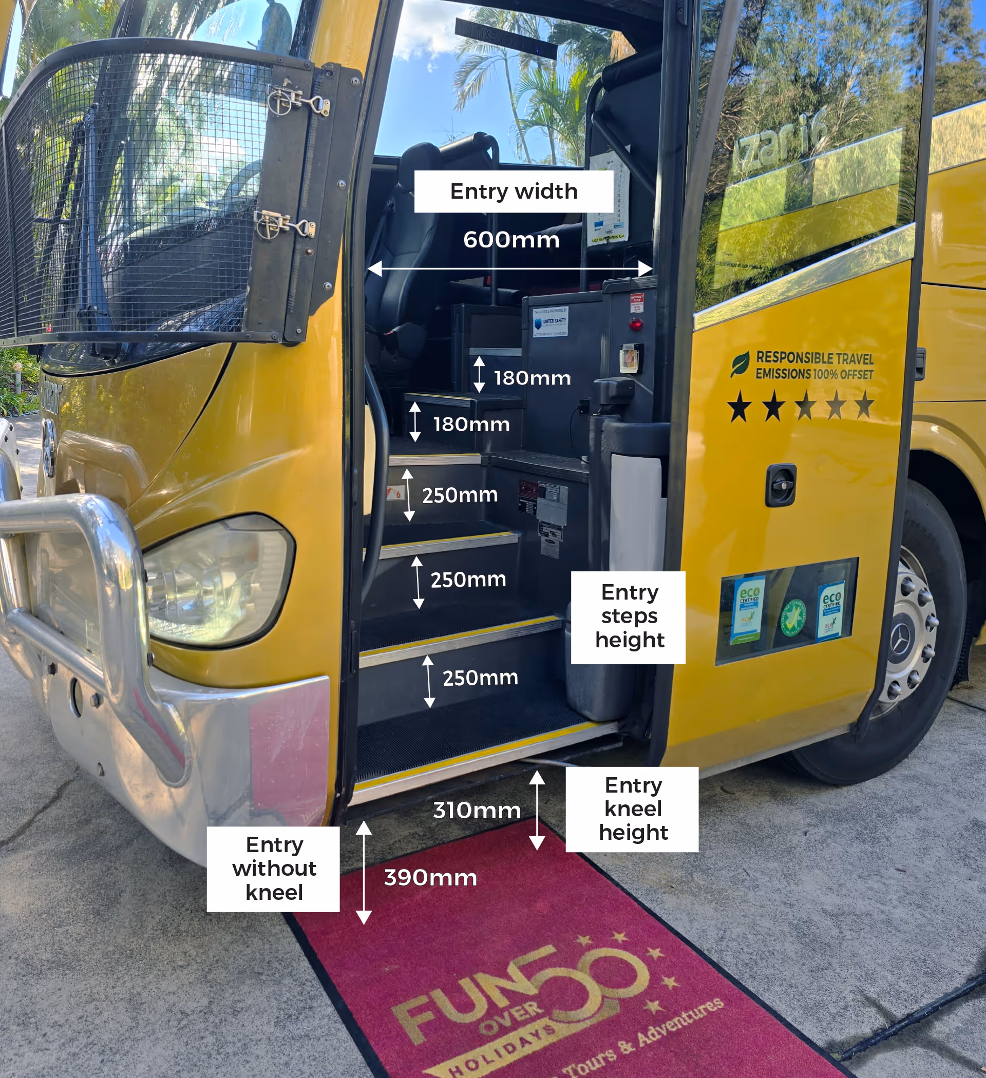 Annotated diagram of Gold Class coach entry showing 600mm entry width, step heights, 310mm kneel height, and 390mm height without kneel
