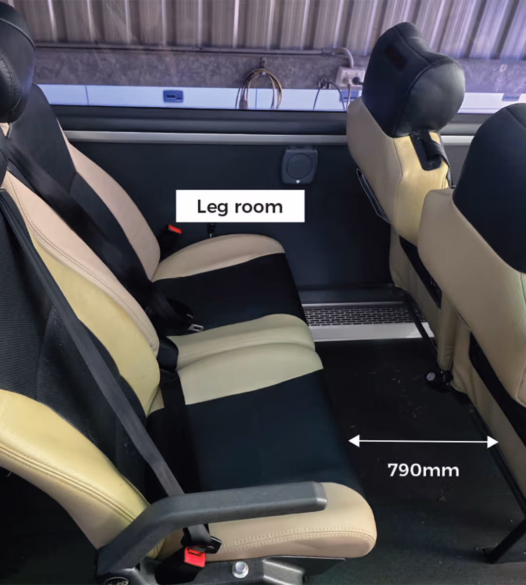 Gold Class coach seating with annotation showing leg room of 790mm