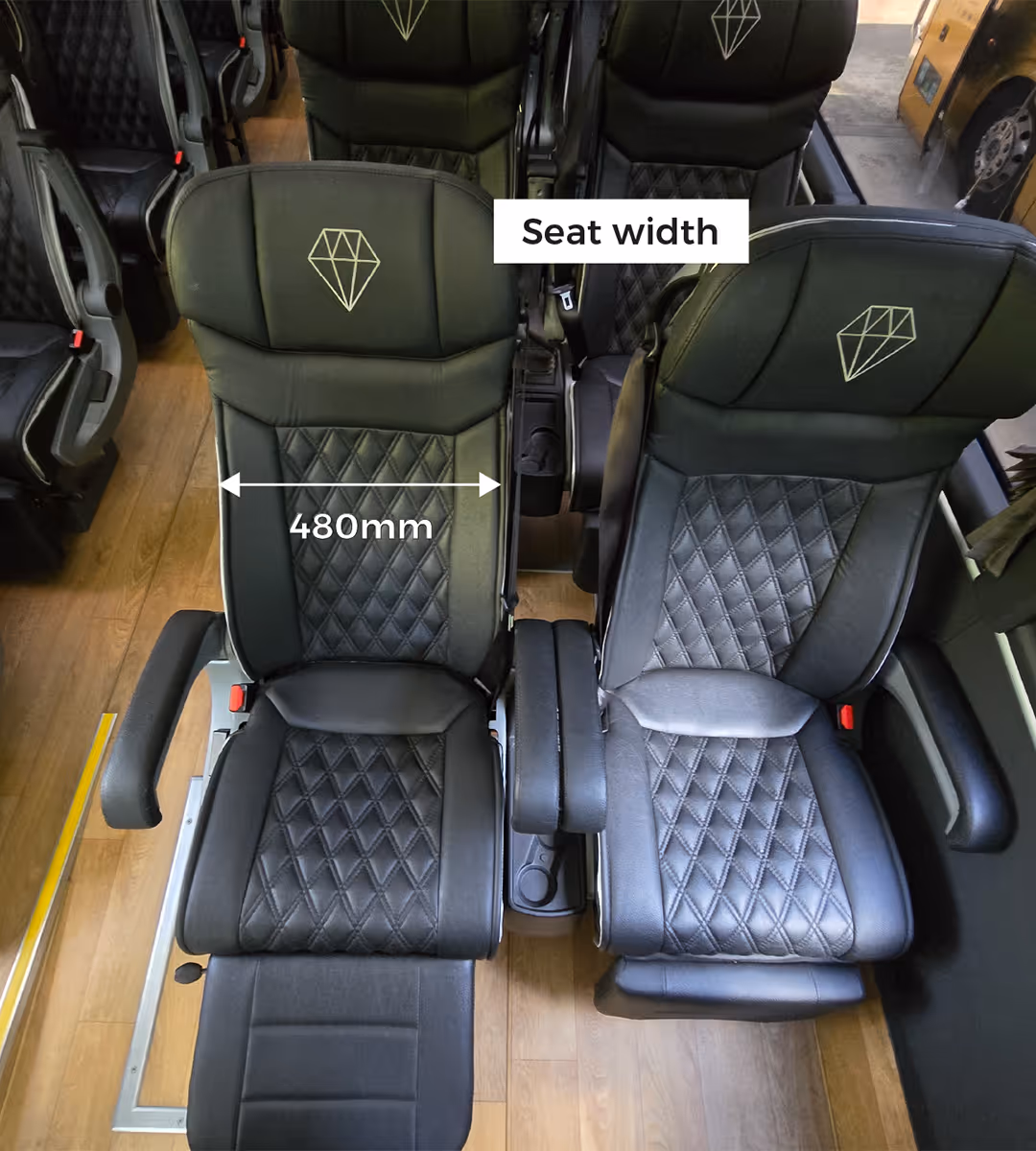 Diamond Class coach seat with annotation showing seat width of 480mm