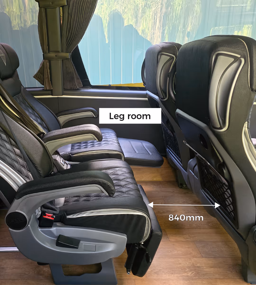 Diamond Class coach seating with annotation showing leg room of 840mm